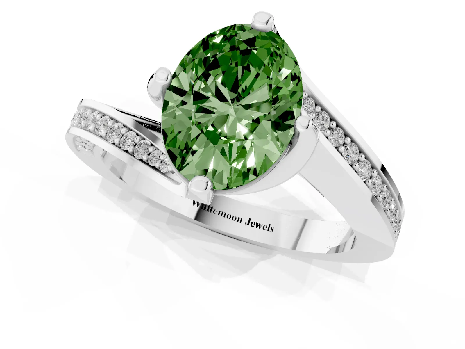 Fancy Green Oval Cut Solitaire Diamond Twist Band with Pavé Setting and Four-Prong Setting Platinum