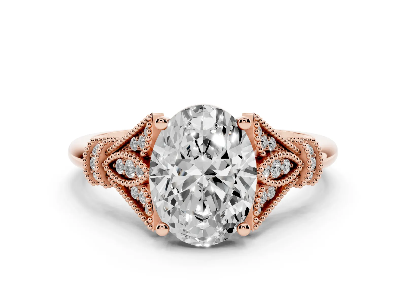 Oval Cut Diamond Solitaire Ring with Floral Filigree and Pave Accents Rose gold