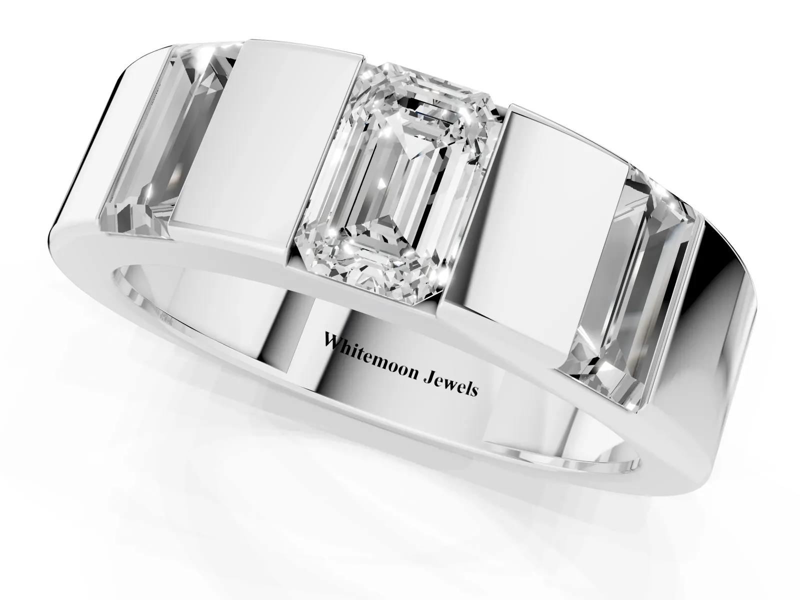 Emerald Cut Diamond Three-Stone Mens Ring with Baguette Side Stones White gold