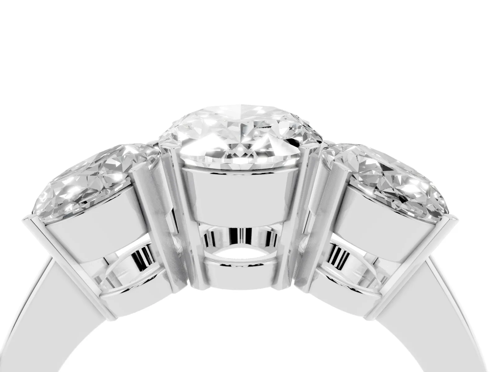 Three-Stone Oval Cut Cut Diamond Ring with Channel Set Band and Four-Prong Setting Platinum