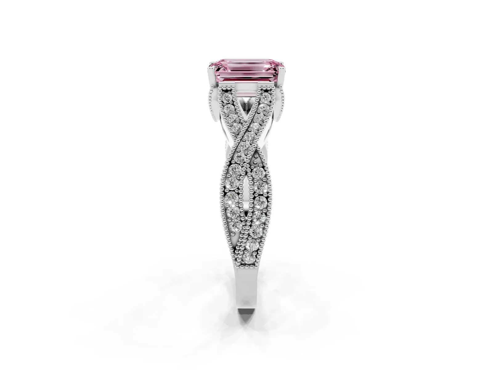 Fancy Pink Emerald Cut Cut Diamond Twisted Band with Milgrain Pave Setting and Four-Prong Setting Platinum