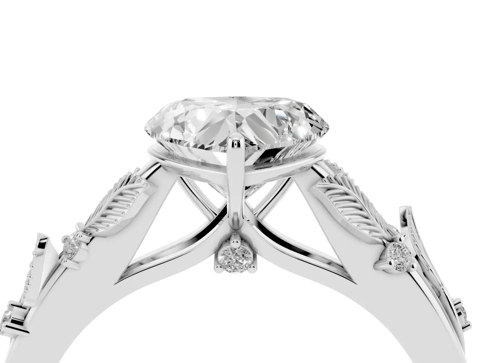 Heart Cut Diamond Solitaire Ring with Leaf Motif Band and Four-Prong Setting Platinum