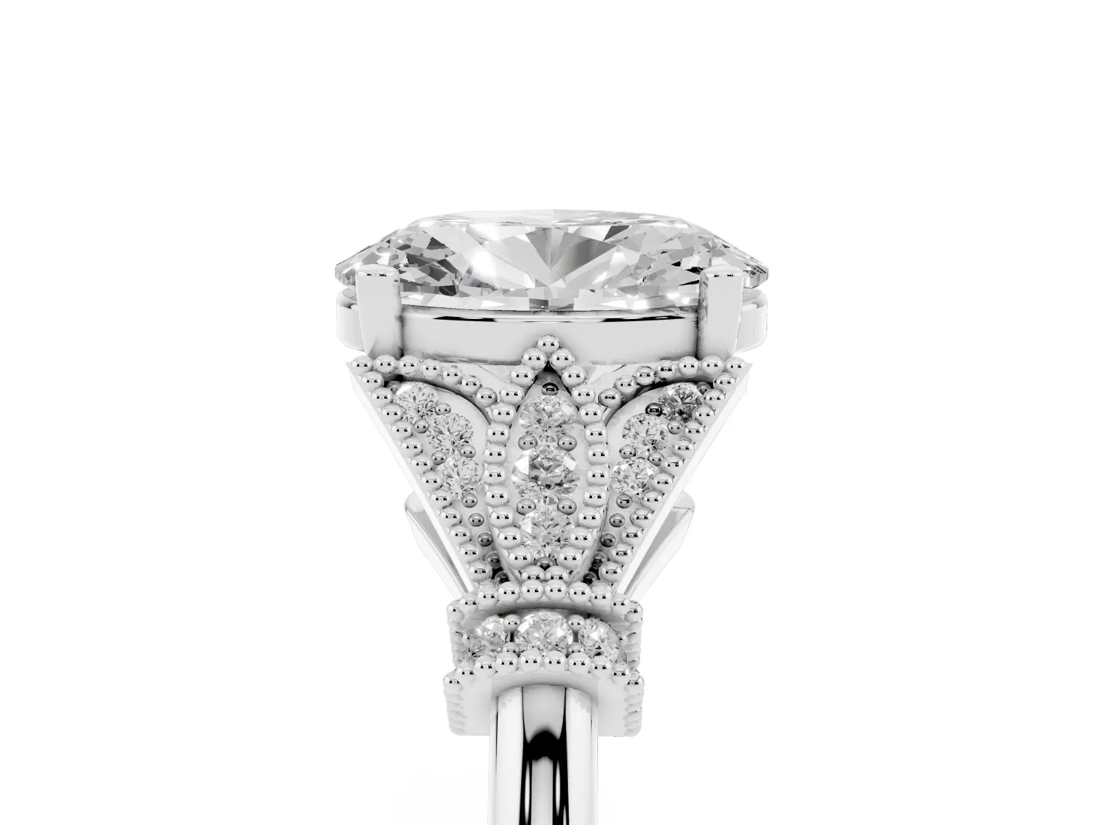 Oval Cut Diamond Solitaire Ring with Floral Filigree and Pave Accents White gold