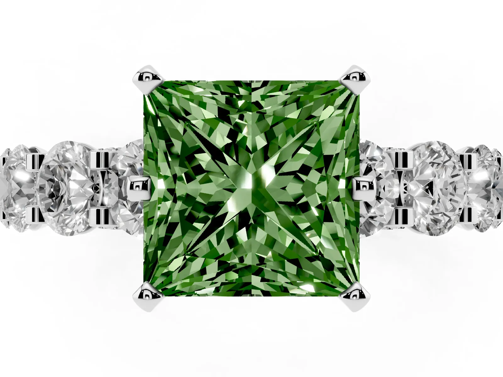 Fancy Green Princess Cut Diamond Side Stone Engagement Ring with Four-Prong Setting Platinum