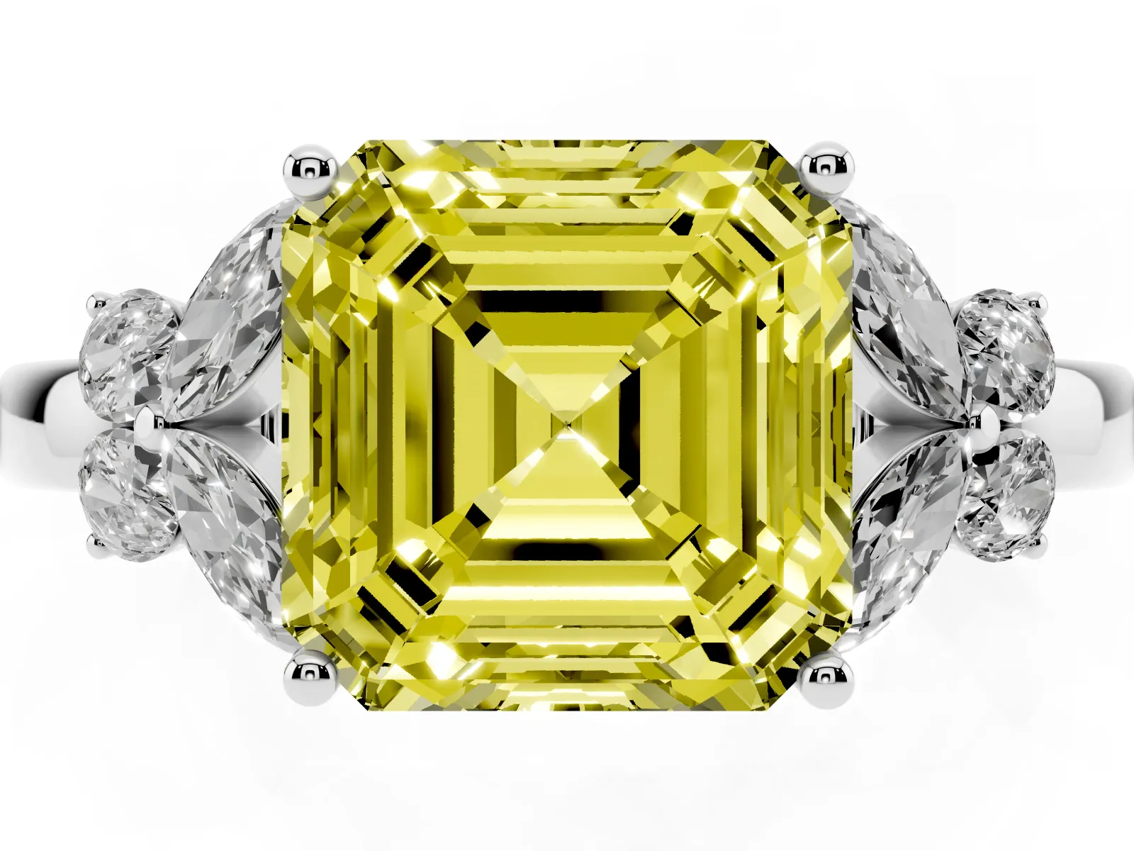 Fancy Yellow Asscher Cut Cut Solitaire Floral Diamond Ring with Four-Prong Setting Platinum