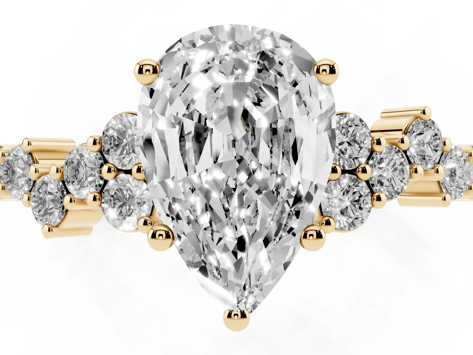 Pear Cut Diamond Scattered Round Accent Ring with Prong Setting Yellow gold
