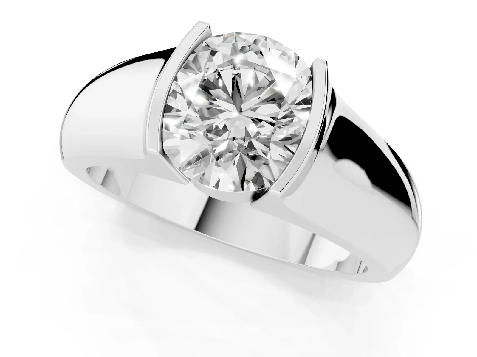 Round Cut Solitaire Bezel Set Diamond Ring with Wide Band Platinum