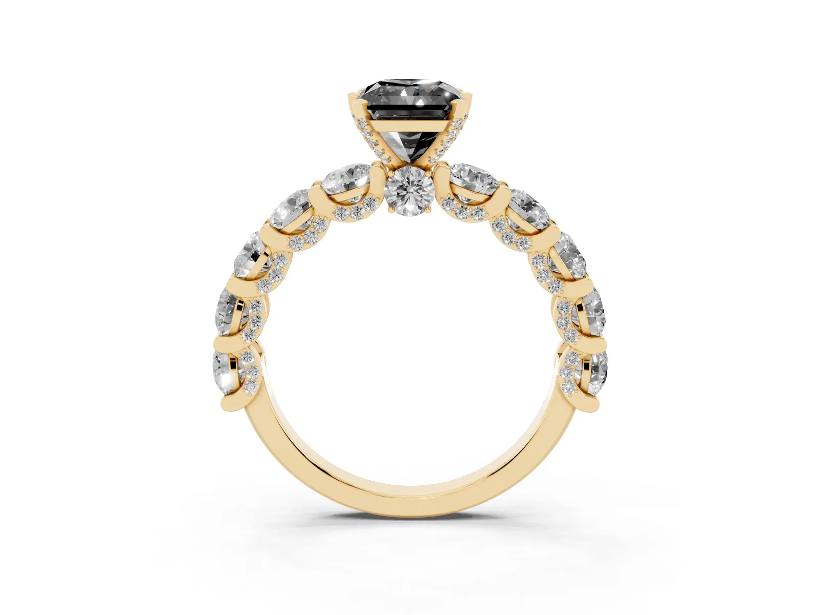 Fancy Black Radiant Cut Diamond Side Stone Engagement Ring with Four-Prong Setting Yellow gold