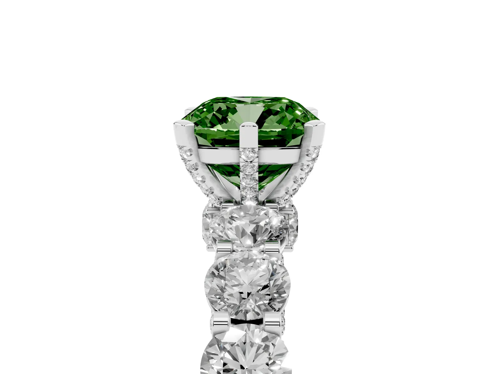 Fancy Green Cushion Cut Diamond Side Stone Engagement Ring with Four-Prong Setting White gold