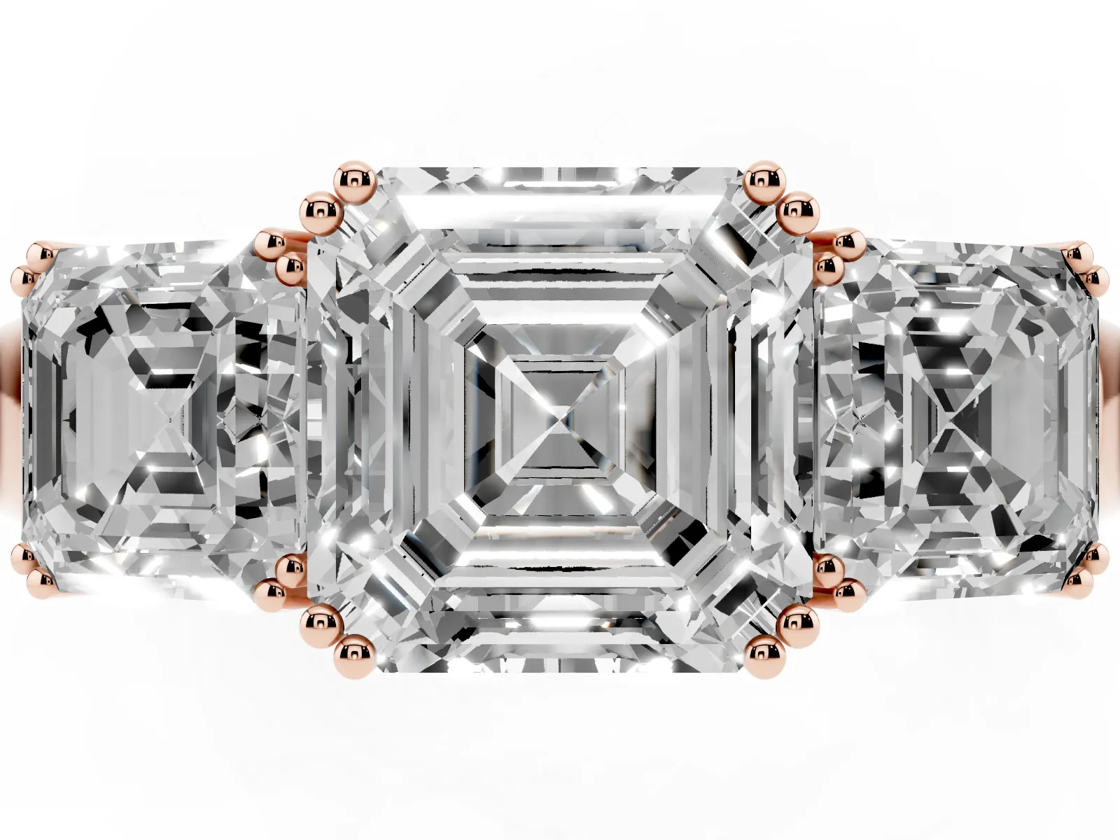 Three-Stone Asscher Cut Cut Diamond Ring with Channel Set Band and Four-Prong Setting Rose gold