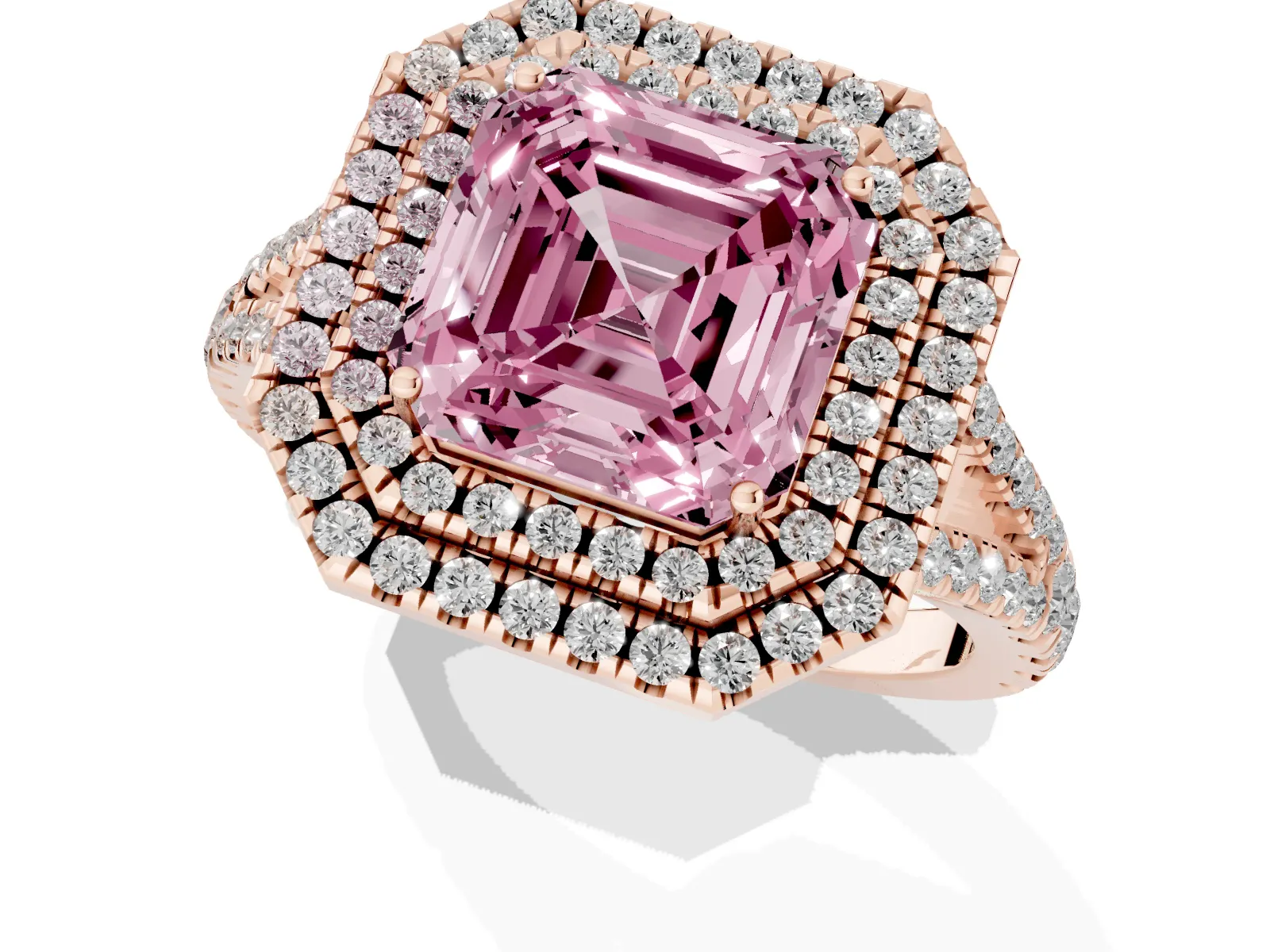 Fancy Pink Asscher Cut Diamond Double Halo Ring with Pavé Band and Prong Setting Rose gold
