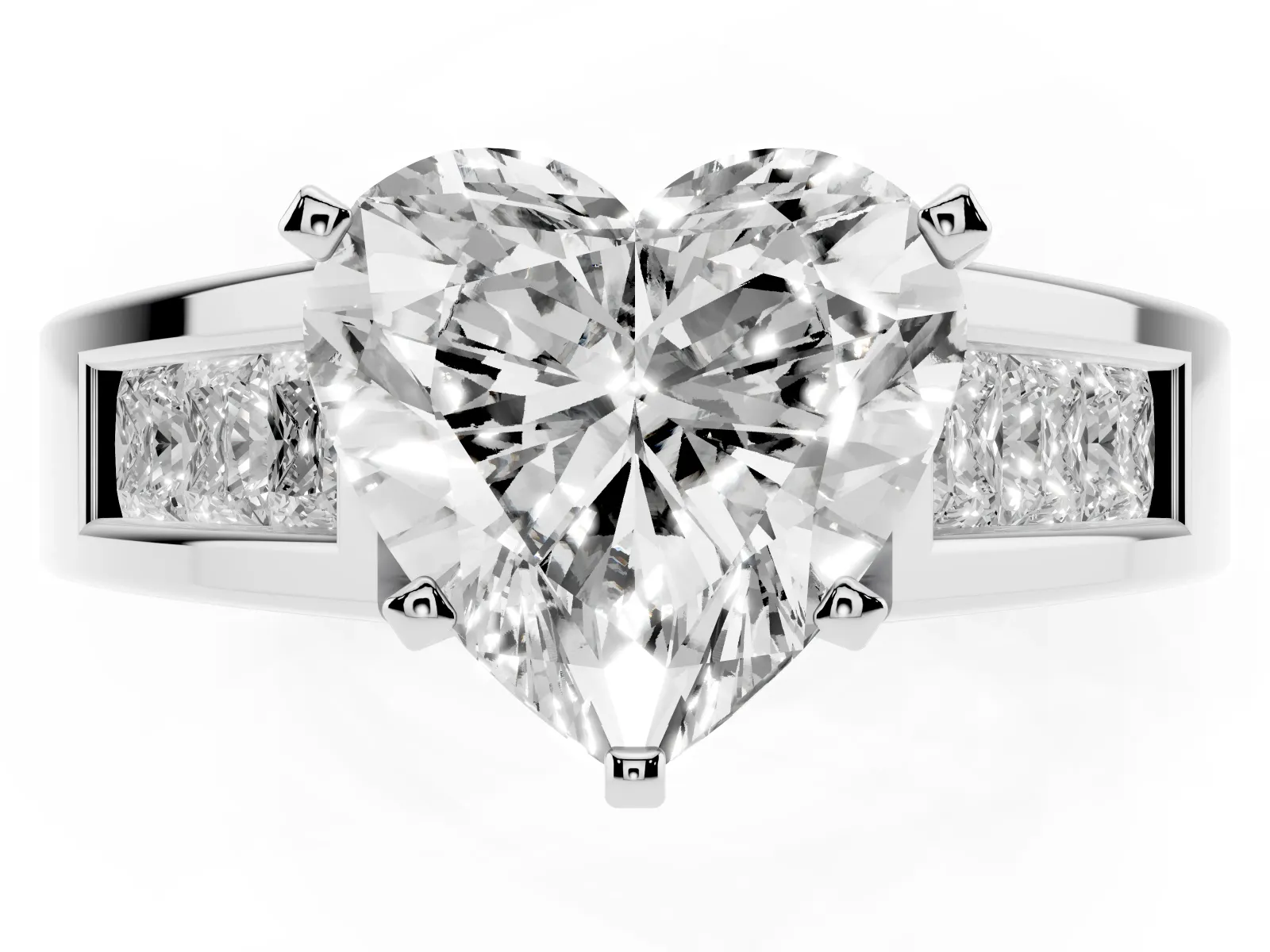 Heart Cut Cut Channel Set Solitaire Ring with Four-Prong Setting White gold