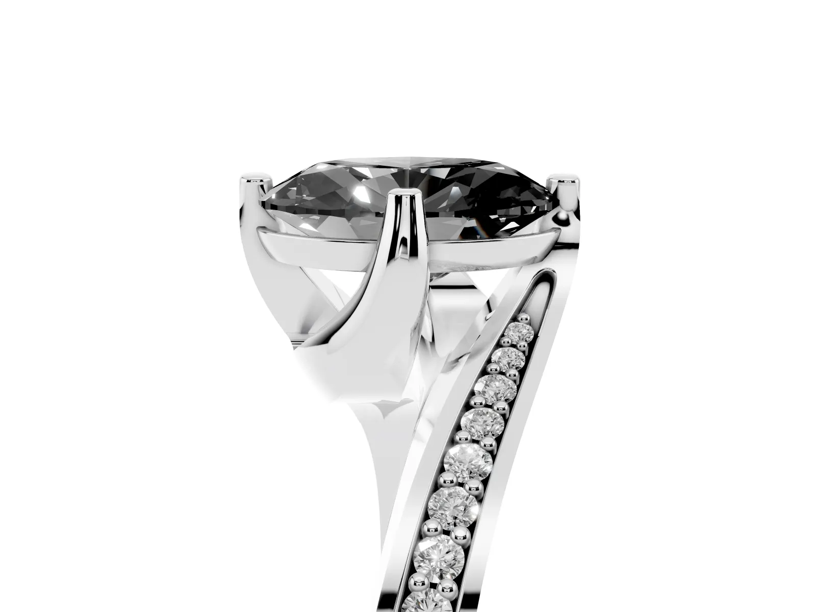 Fancy Black Oval Cut Solitaire Diamond Twist Band with Pavé Setting and Four-Prong Setting Platinum