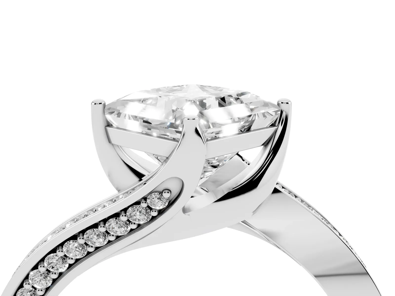 Princess Cut Solitaire Diamond Twist Band with Pavé Setting and Four-Prong Setting Platinum