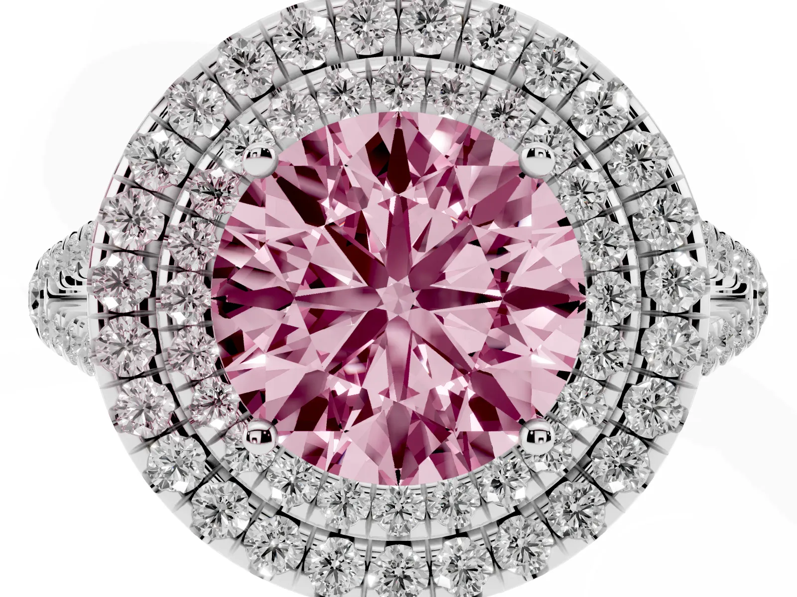 Fancy Pink Round Cut Diamond Double Halo Ring with Pavé Band and Prong Setting Platinum