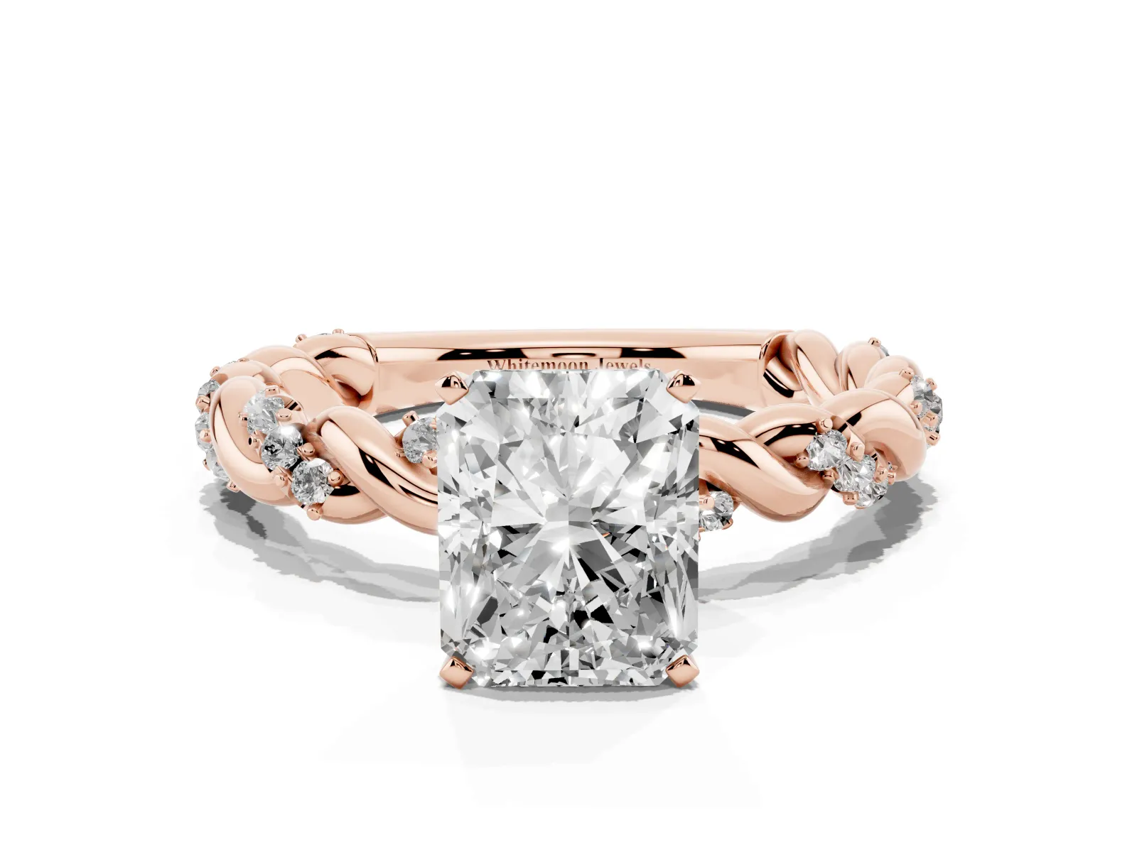 Radiant Cut Diamond Solitaire Ring with Twisted Band and Pavé Accents Rose gold