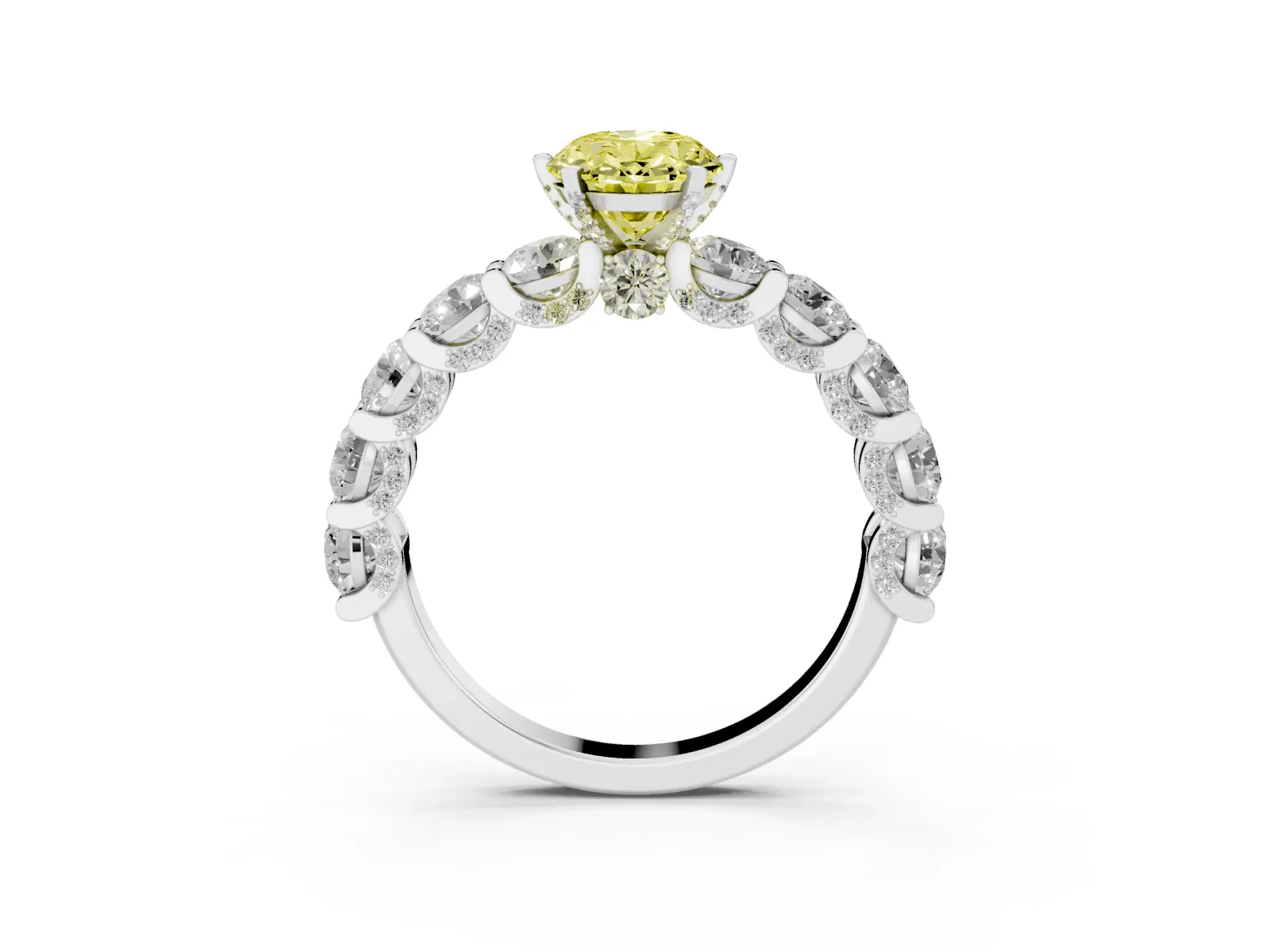Fancy Yellow Oval Cut Diamond Side Stone Engagement Ring with Four-Prong Setting White gold