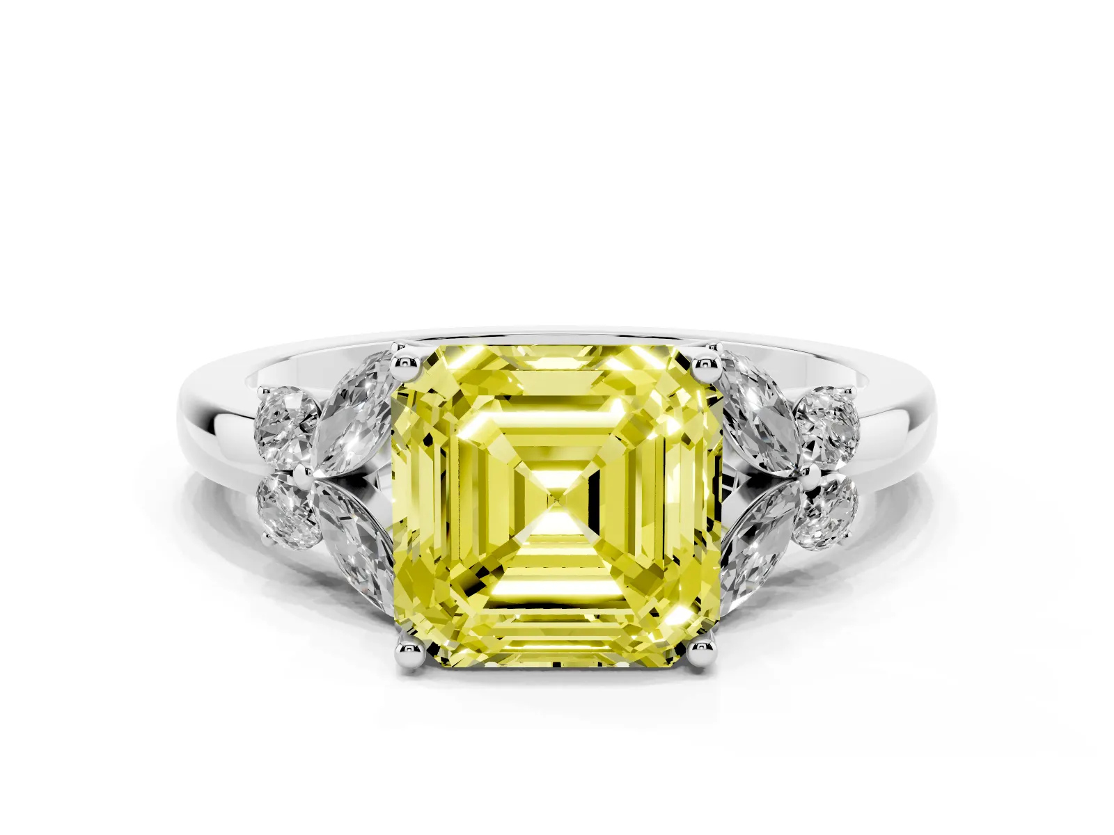 Fancy Yellow Asscher Cut Cut Solitaire Floral Diamond Ring with Four-Prong Setting Platinum