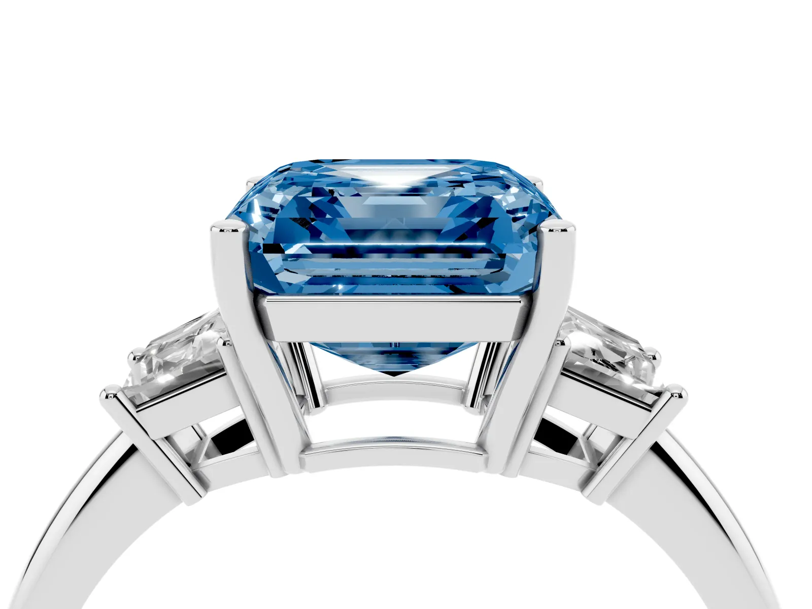 Fancy Blue Asscher Cut Diamond Three-Stone Ring with Trapezoid Side Stones and Prong Setting White gold