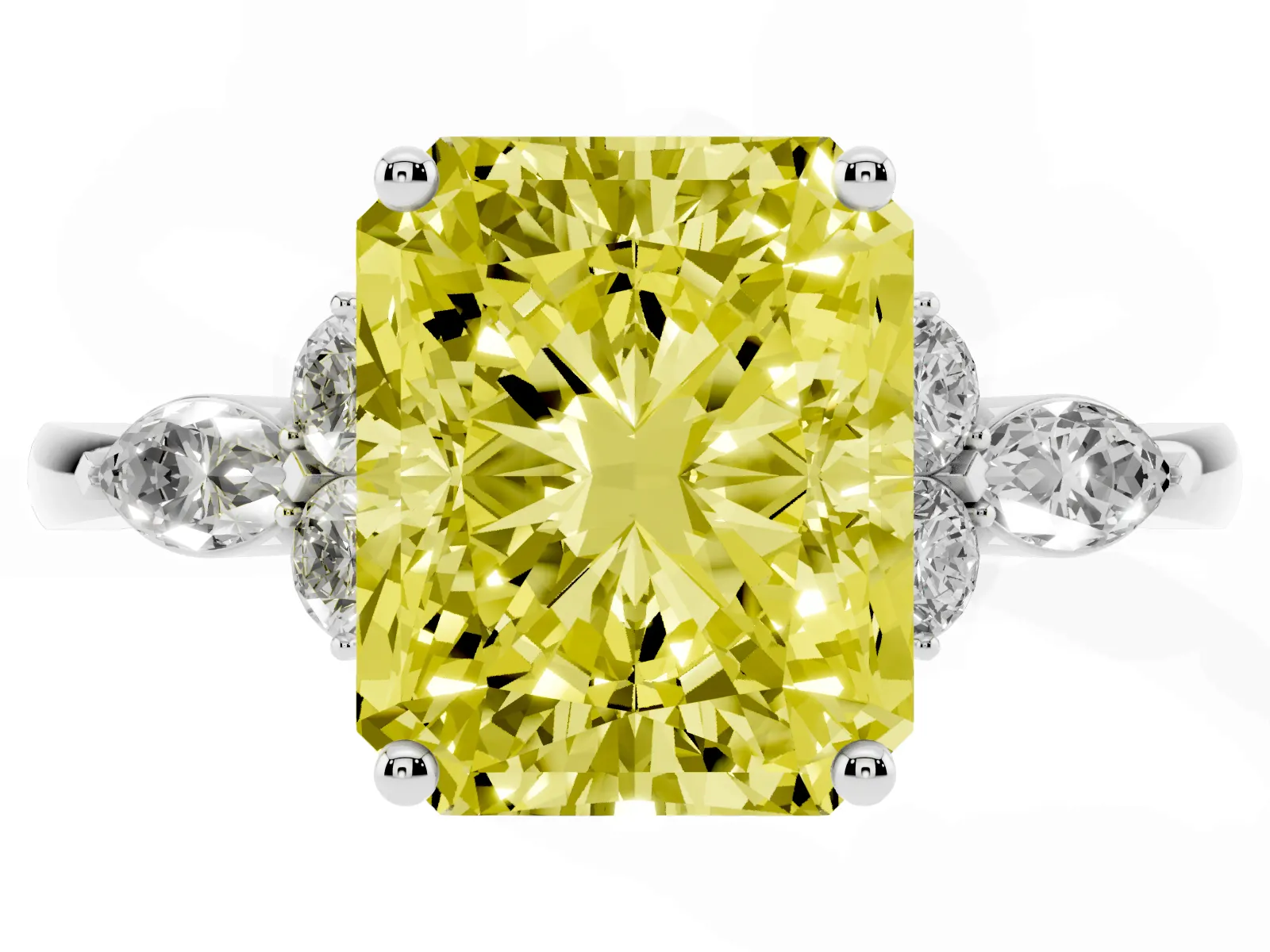 Fancy Yellow Radiant Cut Brilliant Diamond Solitaire Ring with Pear Side Stones and Four-Prong Setting White gold