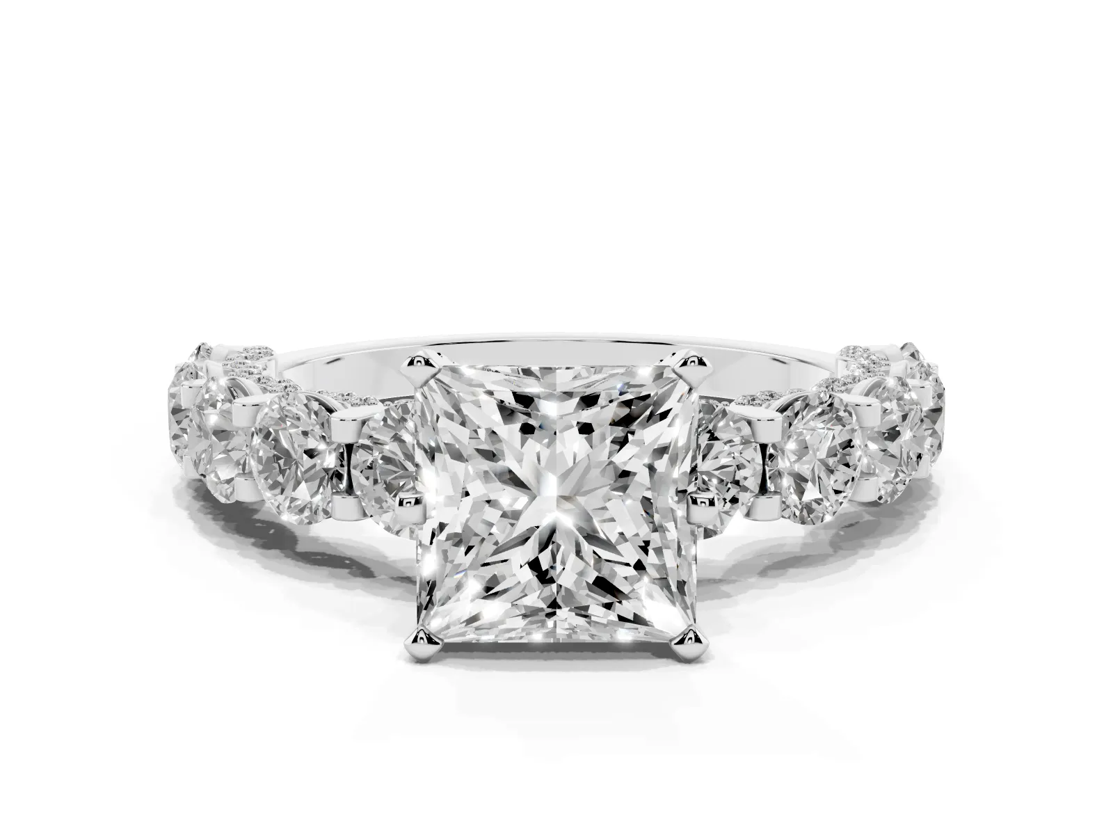 Princess Cut Diamond Side Stone Engagement Ring with Four-Prong Setting Platinum