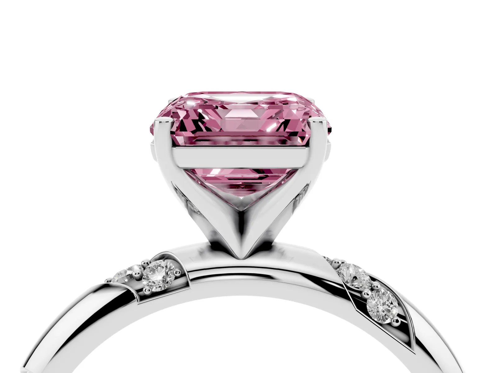 Fancy Pink Asscher Cut Diamond Solitaire Engagement Ring with Twisted Round Accent Band and Prong Setting Platinum
