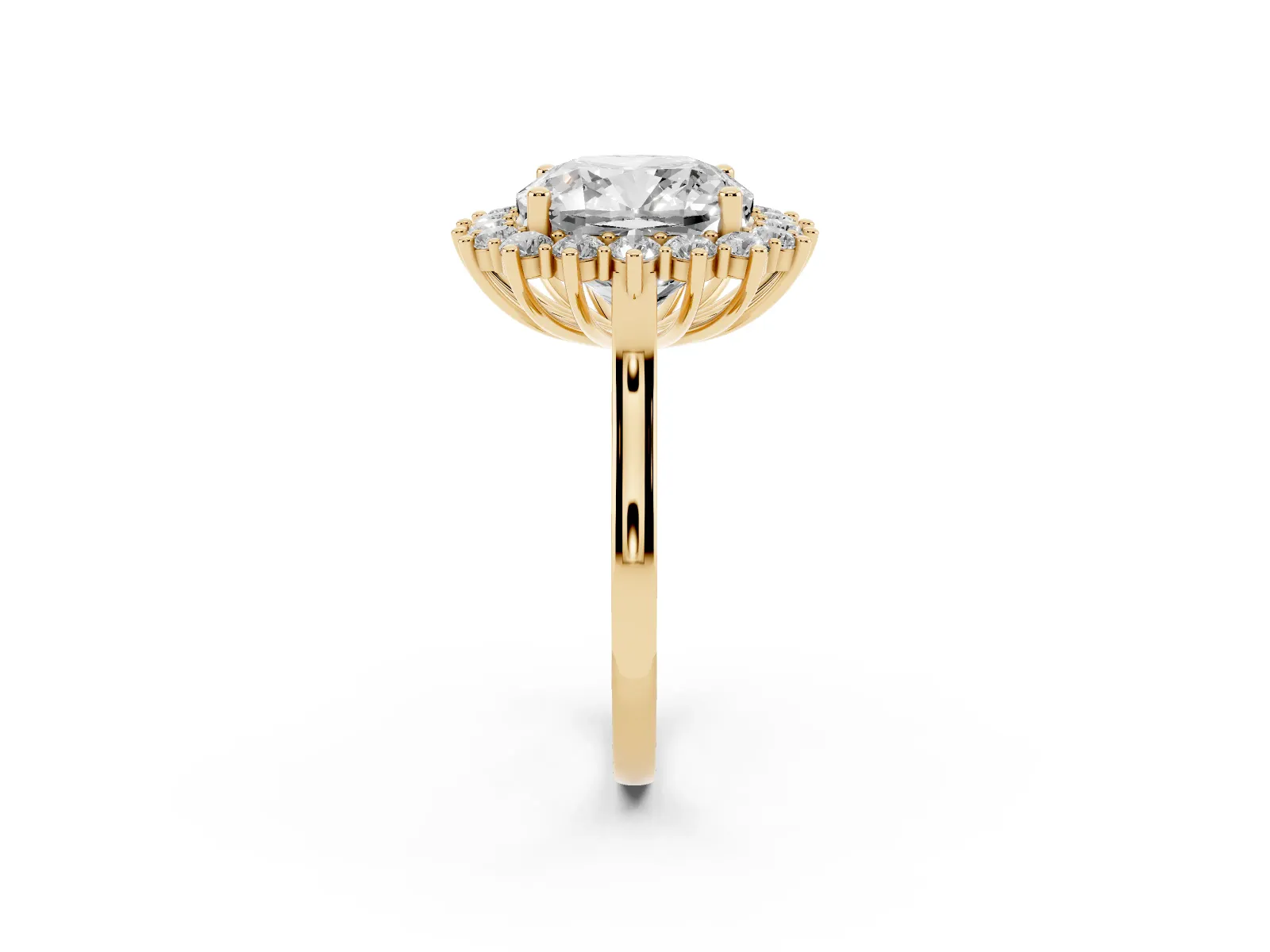 Cushion Diamond Halo Engagement Ring with Round Diamond Accents Yellow gold