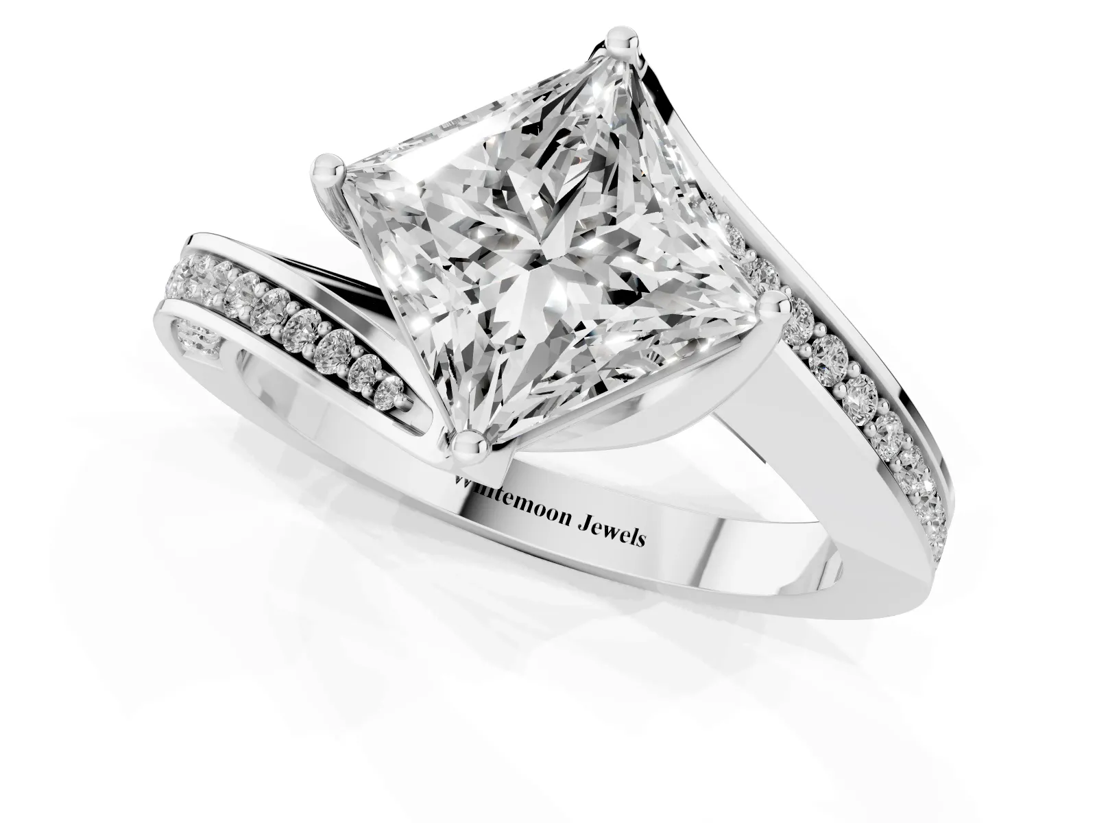 Princess Cut Solitaire Diamond Twist Band with Pavé Setting and Four-Prong Setting Platinum