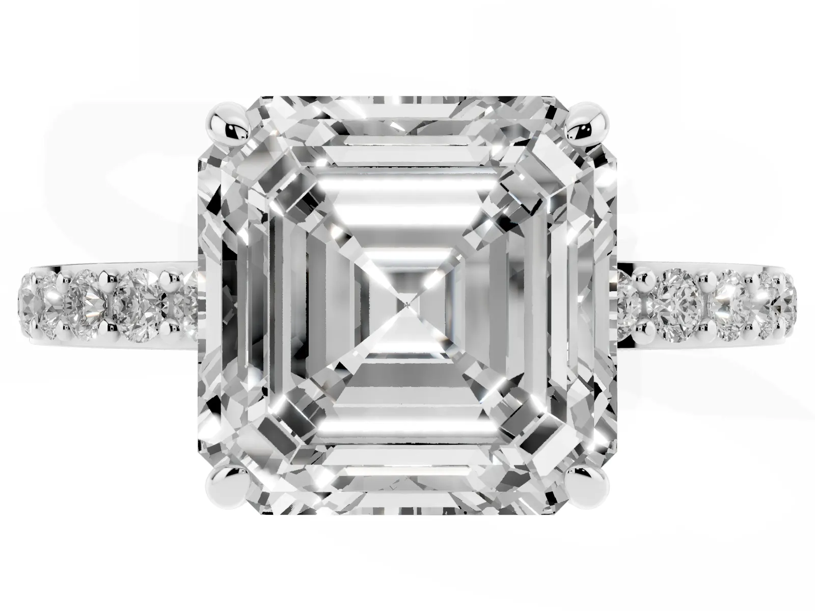 Asscher Cut Diamond Solitaire Engagement Ring with Pavé Band and Four-Prong Setting White gold