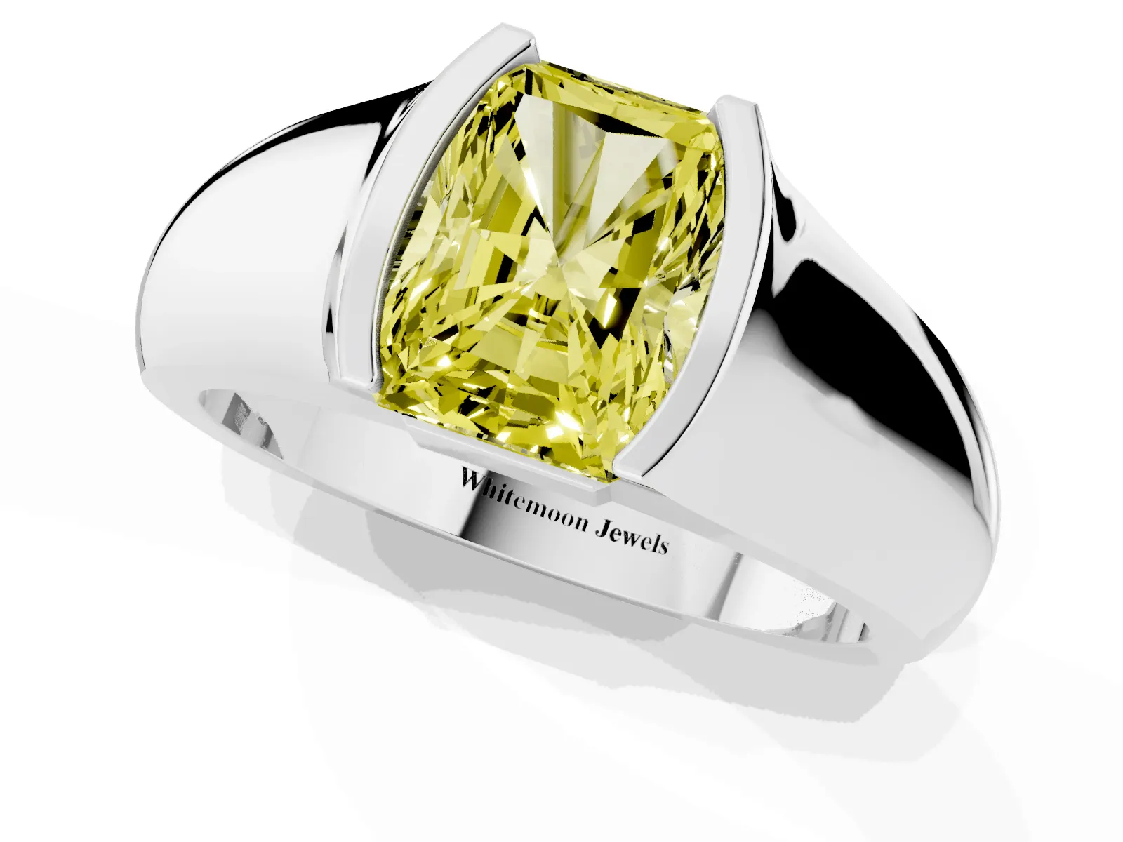Fancy Yellow Radiant Cut Solitaire Bezel Set Diamond Ring with Wide Band White gold