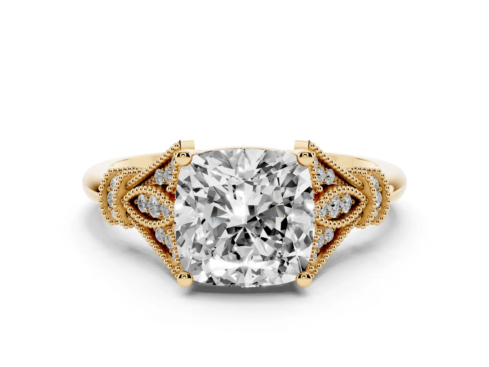 Cushion Cut Diamond Solitaire Ring with Floral Filigree and Pave Accents Yellow gold