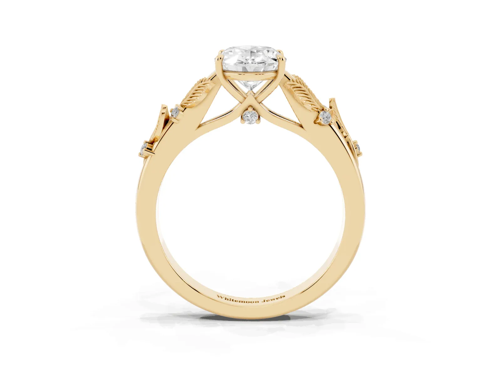 Oval Cut Diamond Solitaire Ring with Leaf Motif Band and Four-Prong Setting Yellow gold