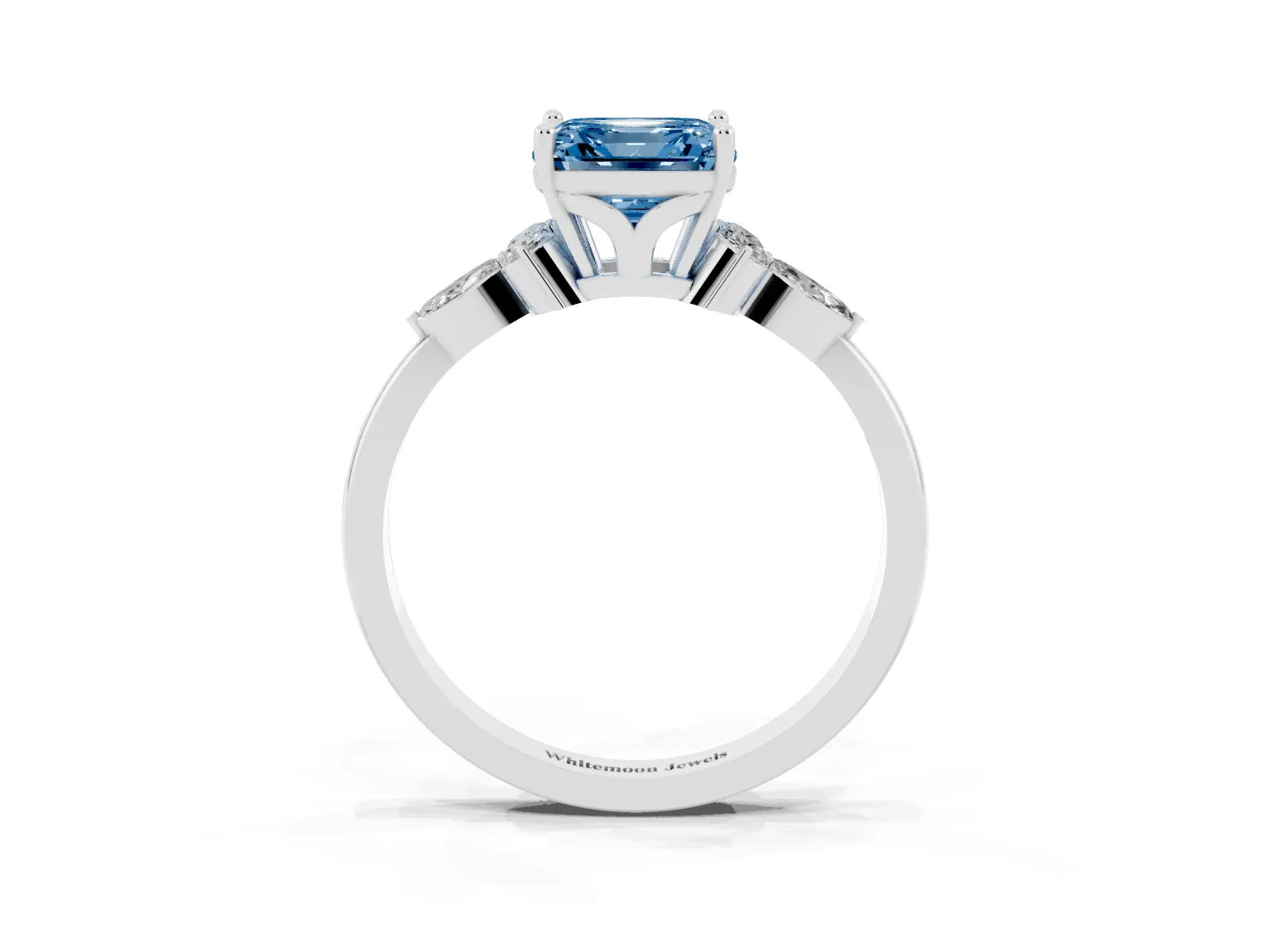 Fancy Blue Asscher Cut Brilliant Diamond Solitaire Ring with Pear Side Stones and Four-Prong Setting Platinum