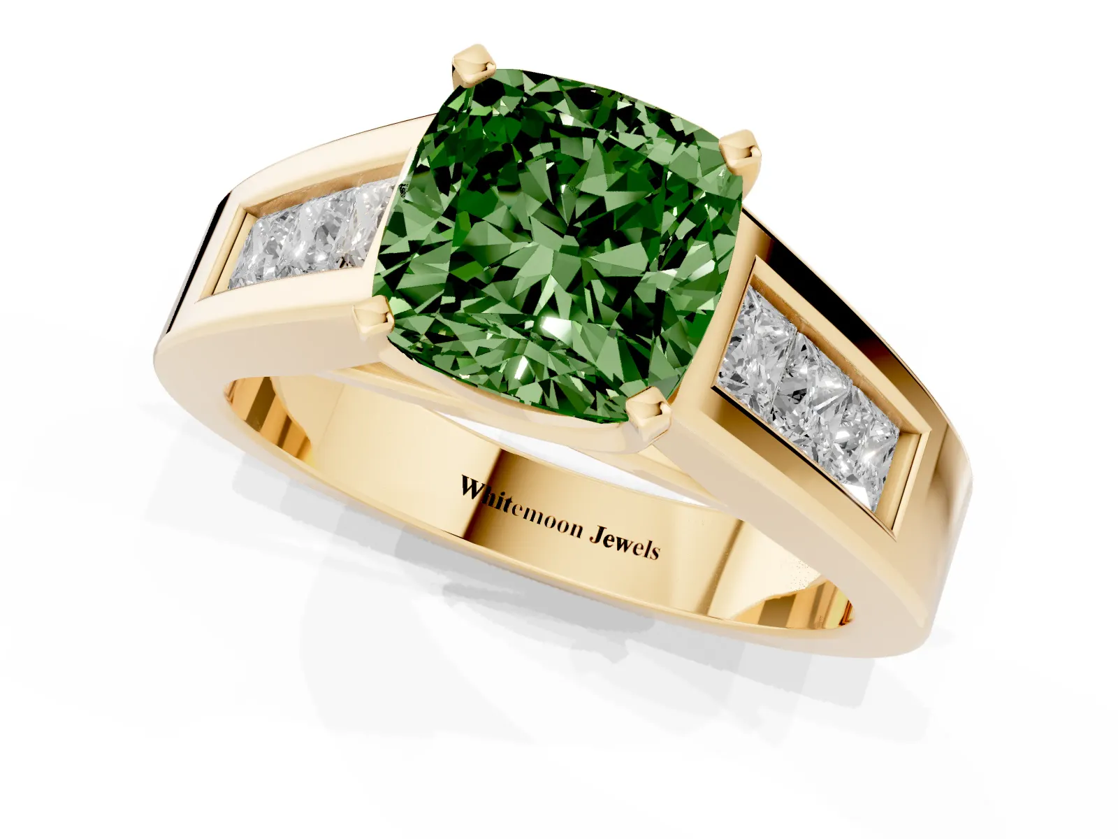 Fancy Green Cushion Cut Cut Channel Set Solitaire Ring with Four-Prong Setting Yellow gold