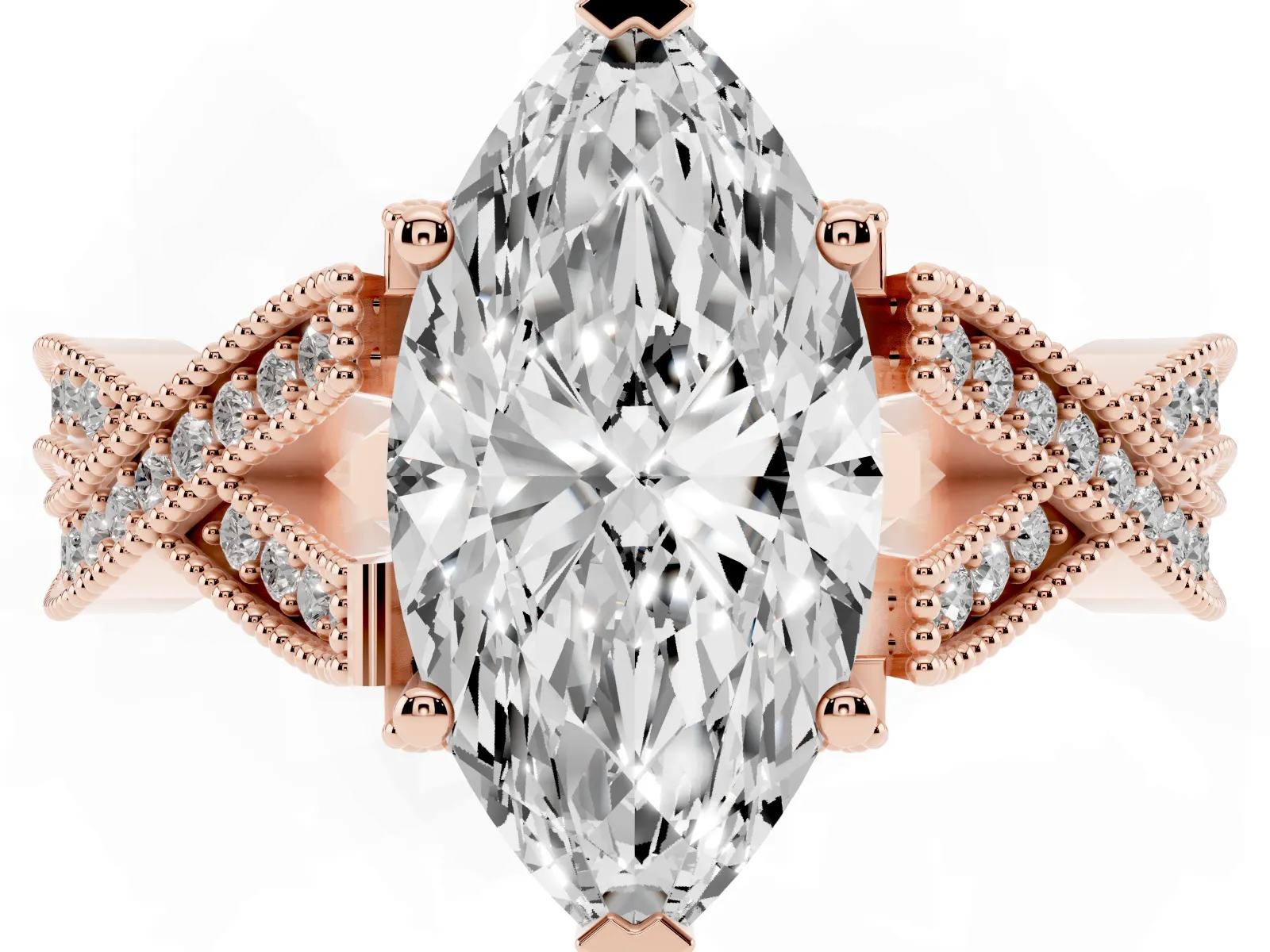 Marquise Cut Cut Diamond Twisted Band with Milgrain Pave Setting and Four-Prong Setting Rose gold