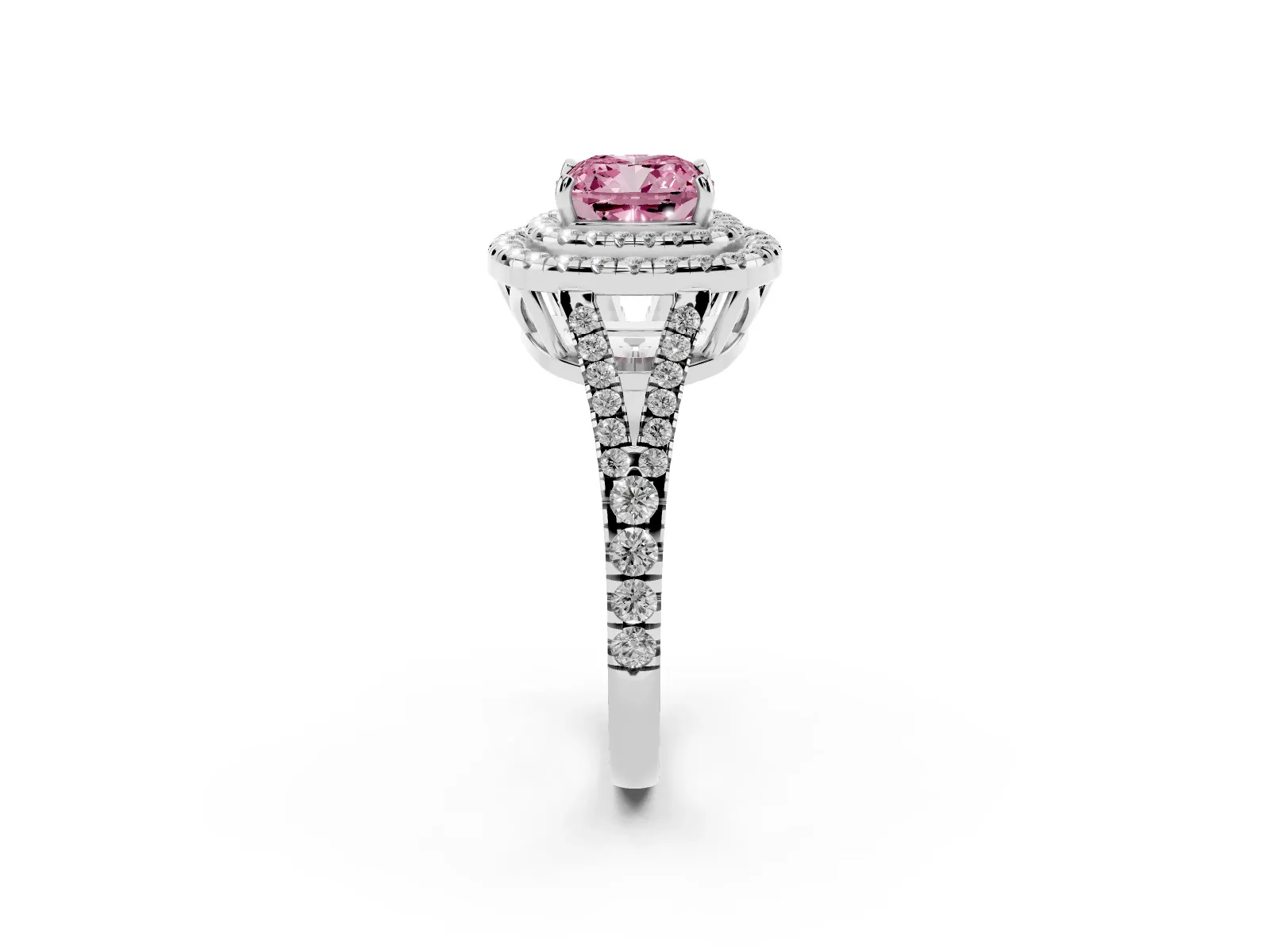 Fancy Pink Cushion Cut Diamond Double Halo Ring with Pavé Band and Prong Setting Platinum