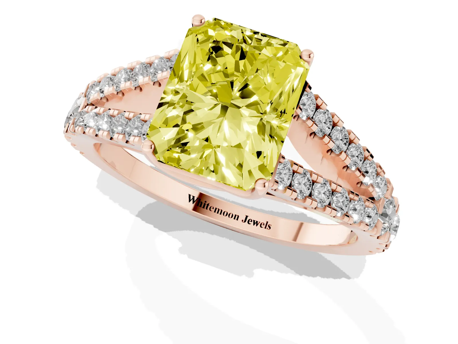 Fancy Yellow Radiant Cut Diamond Split Shank Engagement Ring with Round Pavé and Prong Setting Rose gold