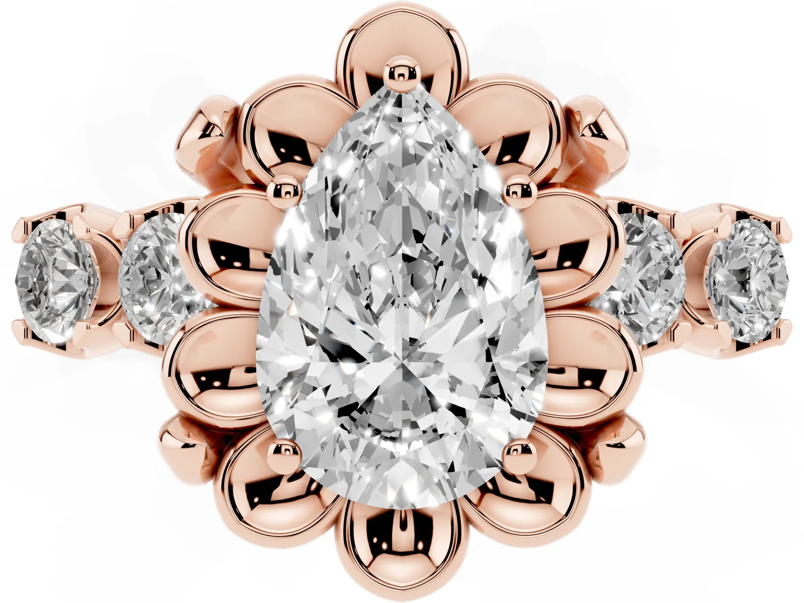 Pear Cut Cut Diamond Floral Halo Engagement Ring with Shared Prong Setting Rose gold