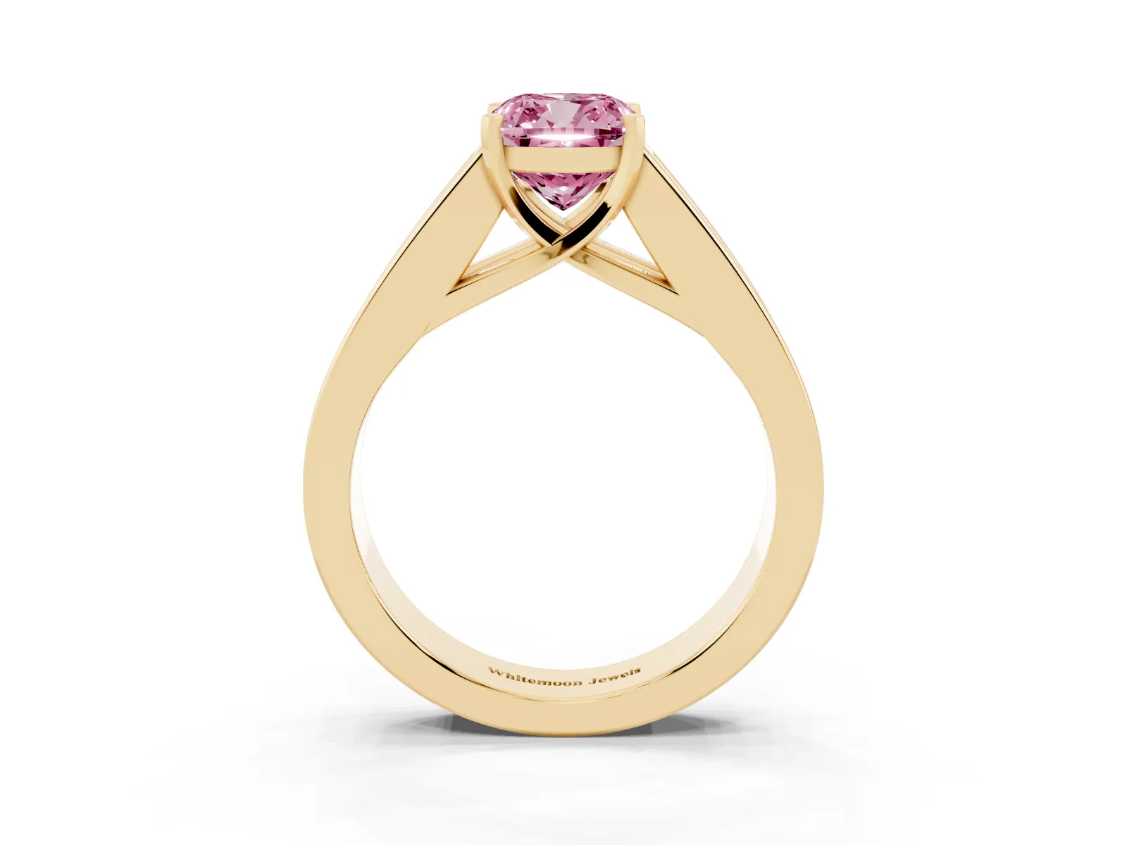 Fancy Pink Cushion Cut Cut Channel Set Solitaire Ring with Four-Prong Setting Yellow gold