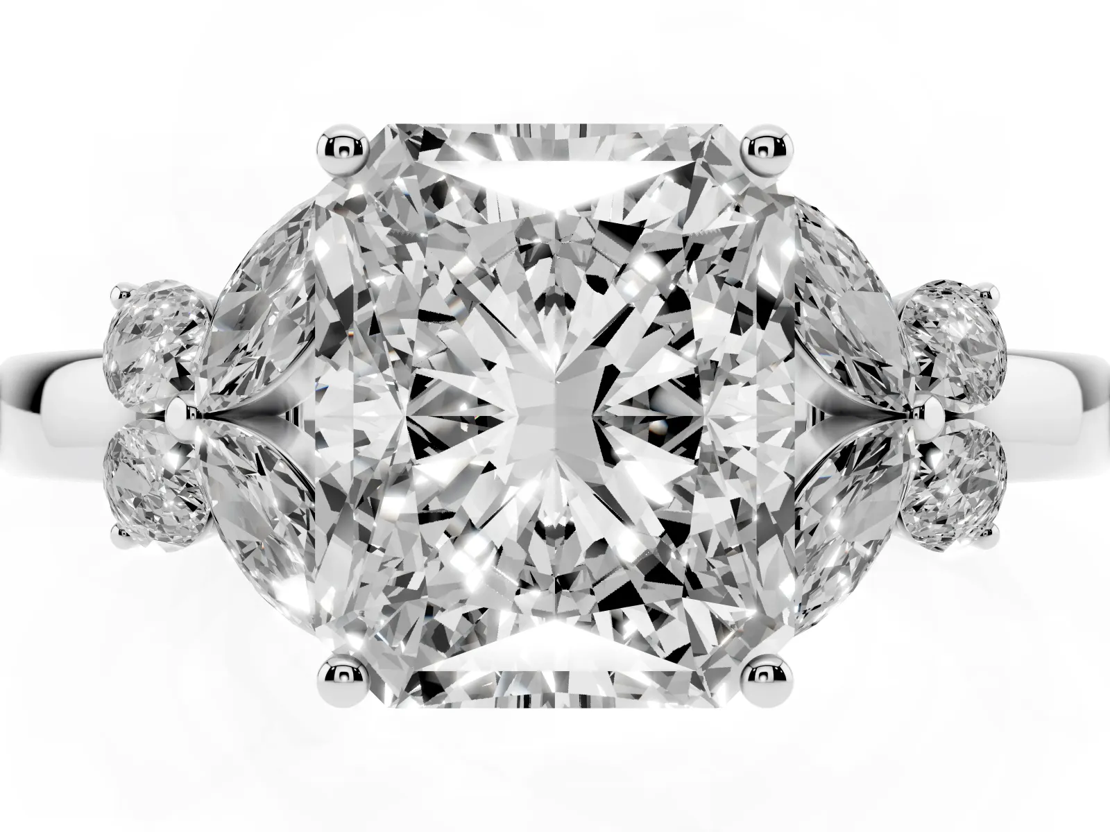 Radiant Cut Cut Solitaire Floral Diamond Ring with Four-Prong Setting Platinum