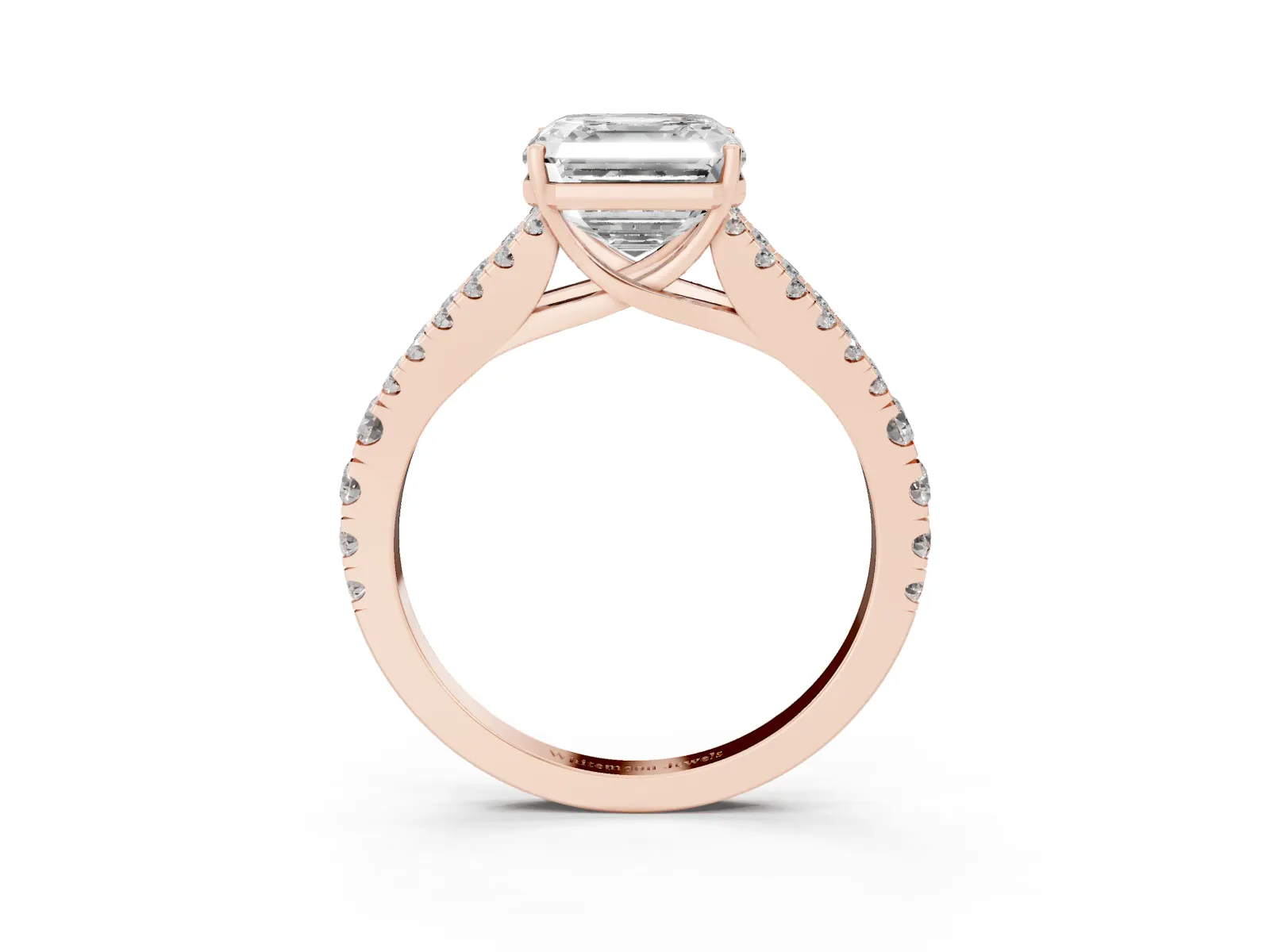 Asscher Cut Diamond Split Shank Engagement Ring with Round Pavé and Prong Setting Rose gold