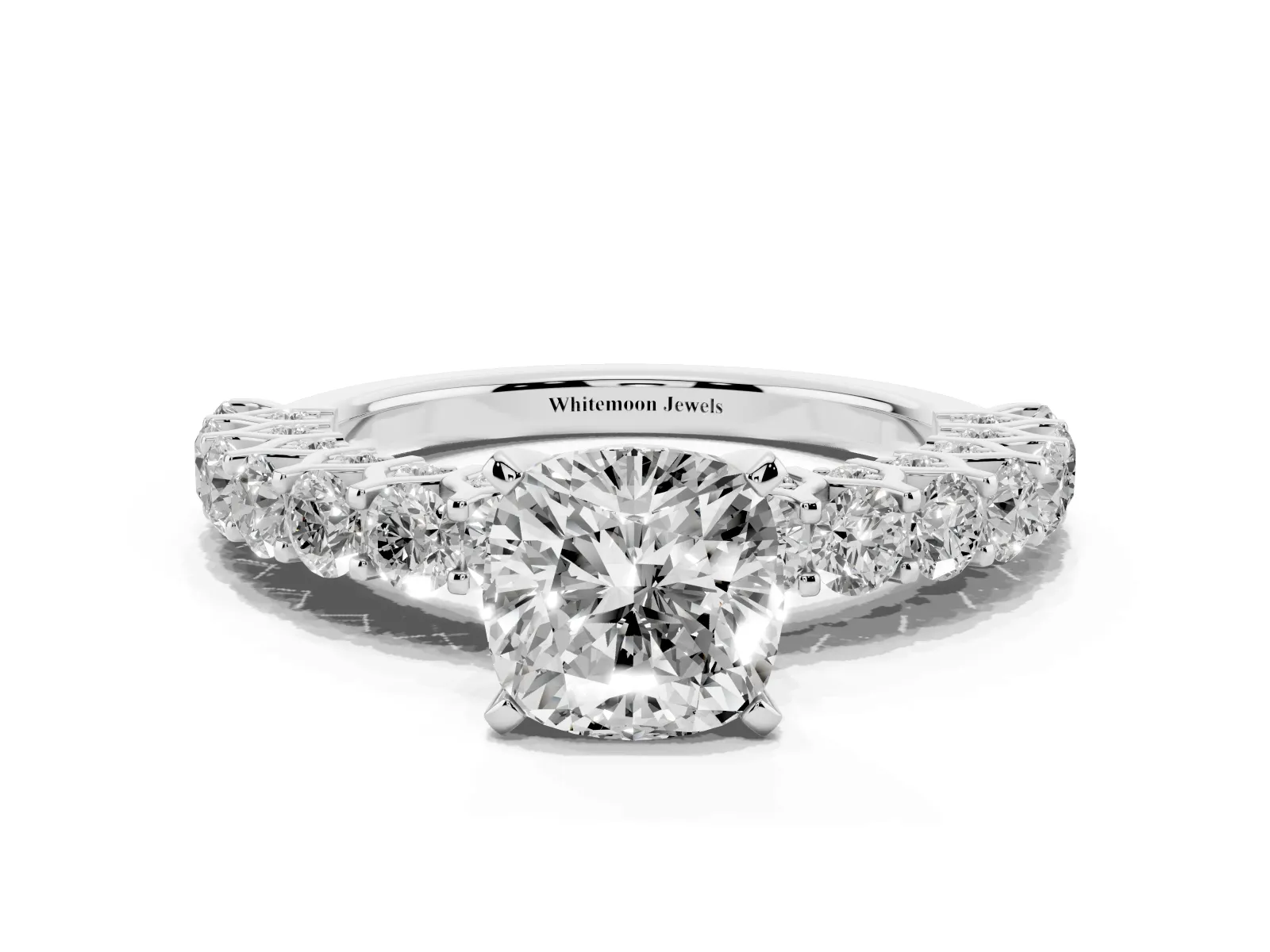 Cushion Cut Diamond Solitaire Ring with Shared Prong Pavé Band and Four-Prong Setting White gold