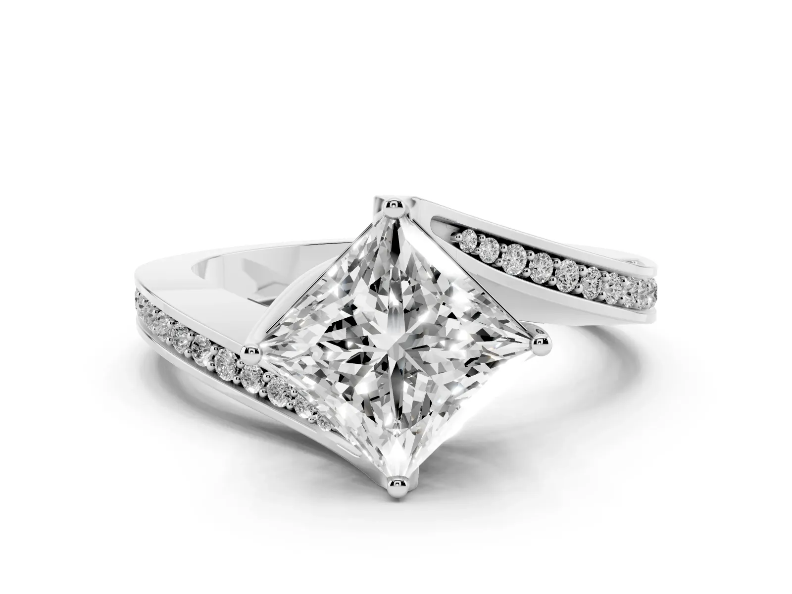 Princess Cut Solitaire Diamond Twist Band with Pavé Setting and Four-Prong Setting Platinum