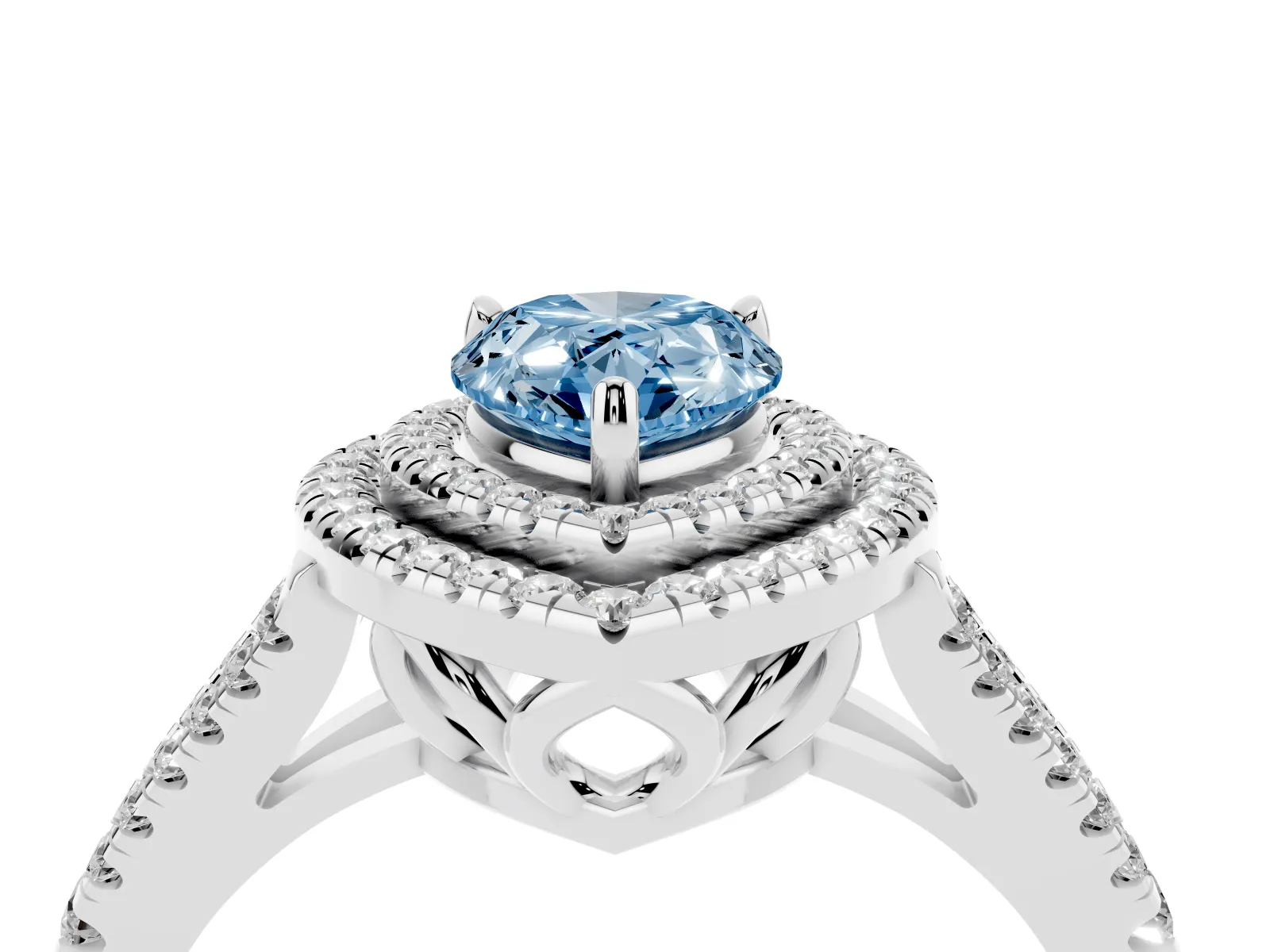Fancy Blue Pear Cut Diamond Double Halo Ring with Pavé Band and Prong Setting Platinum