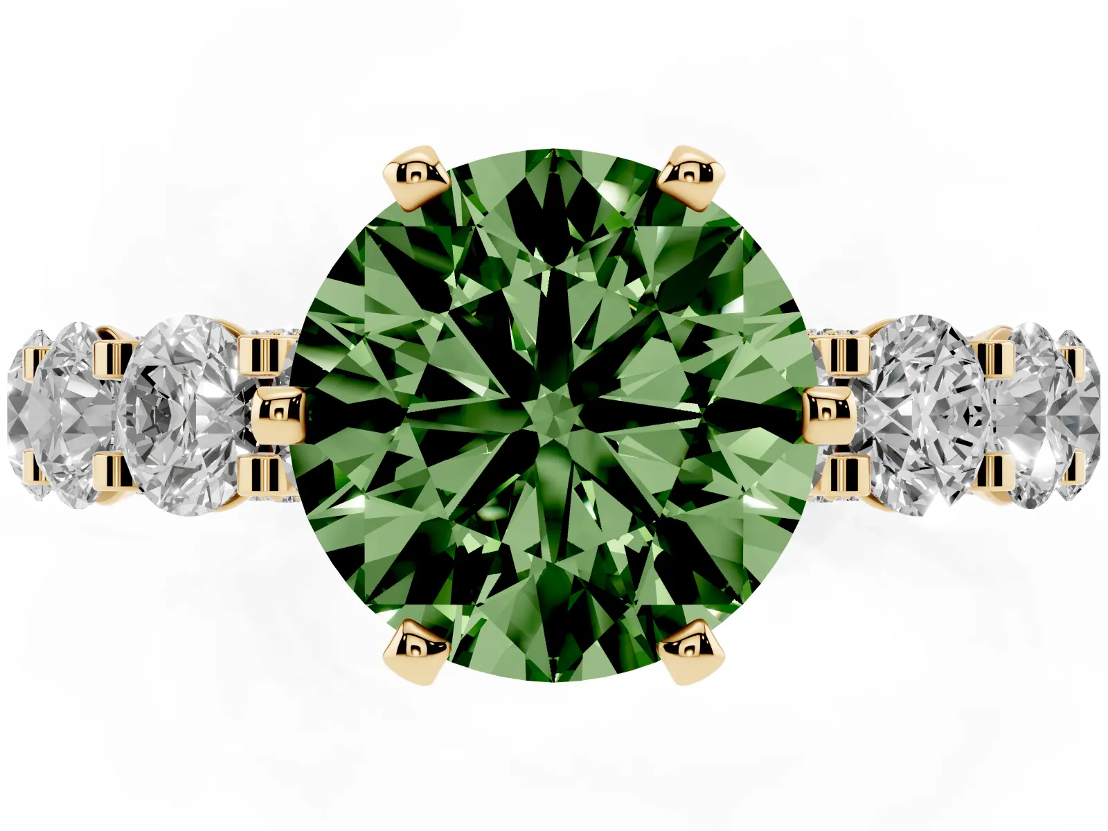 Fancy Green Round Cut Diamond Side Stone Engagement Ring with Four-Prong Setting Yellow gold