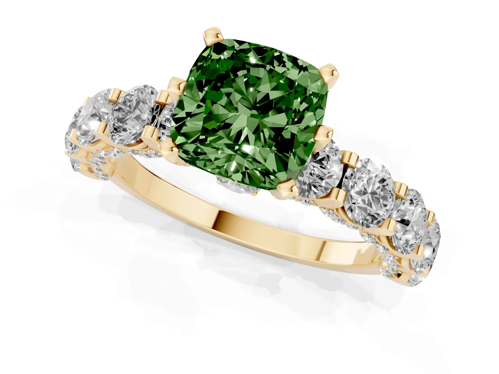 Fancy Green Cushion Cut Diamond Side Stone Engagement Ring with Four-Prong Setting Yellow gold