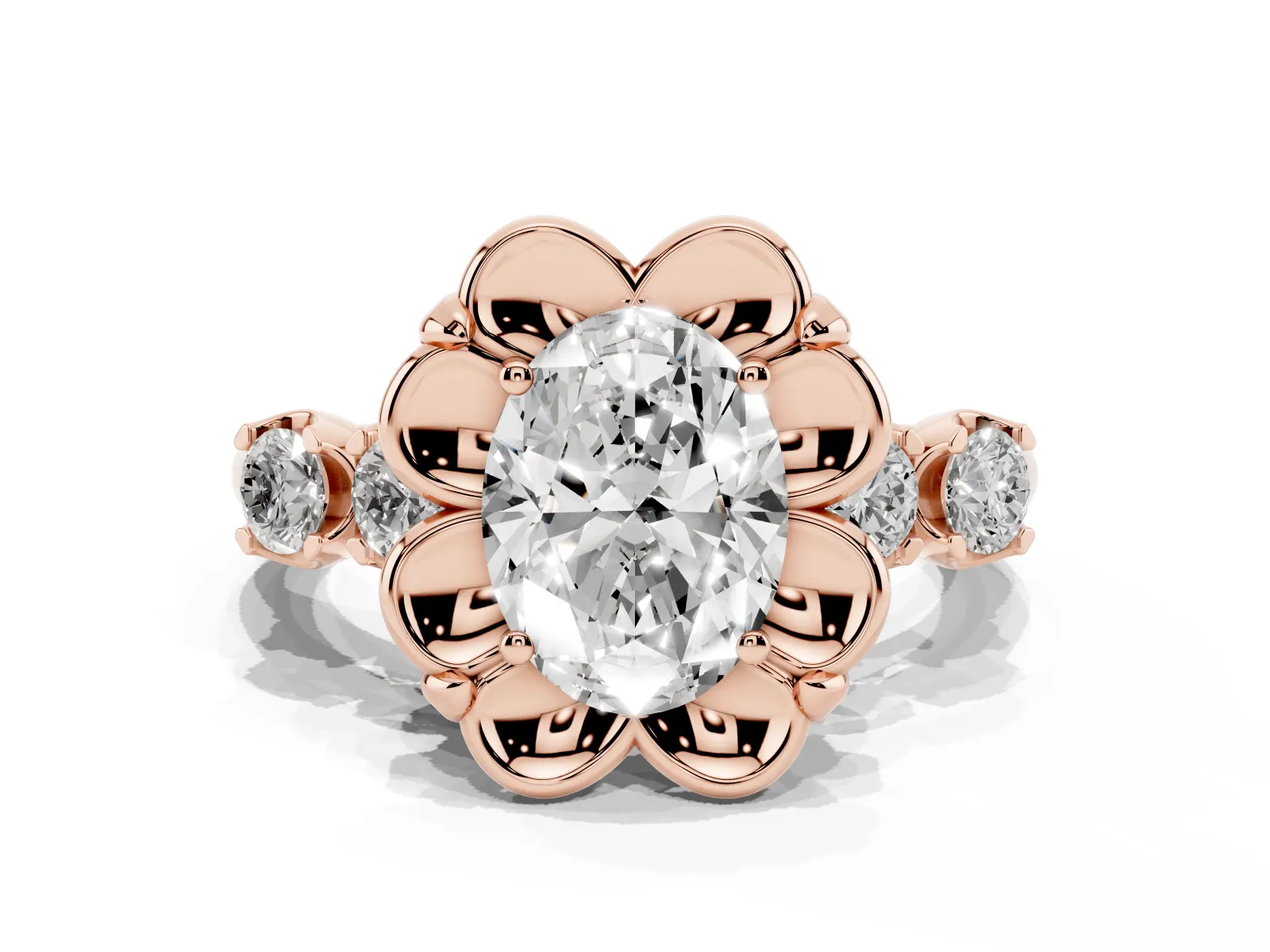 Oval Cut Cut Diamond Floral Halo Engagement Ring with Shared Prong Setting Rose gold