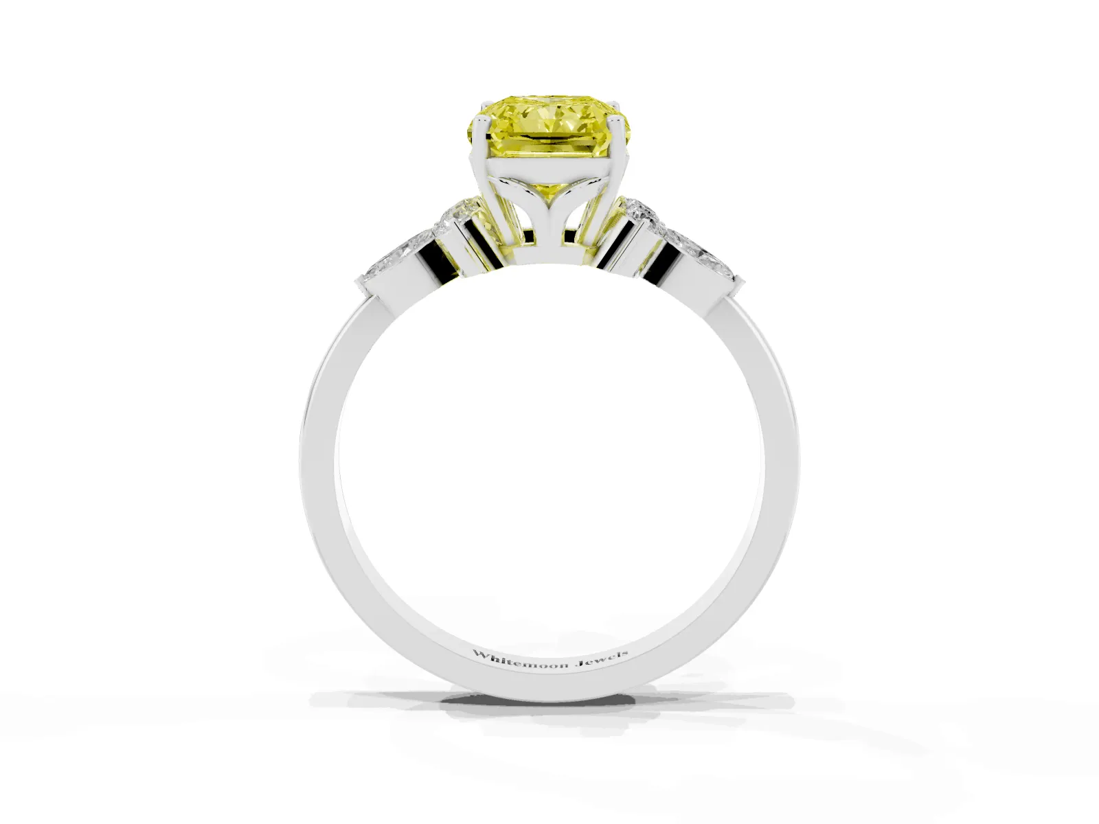 Fancy Yellow Radiant Cut Brilliant Diamond Solitaire Ring with Pear Side Stones and Four-Prong Setting White gold