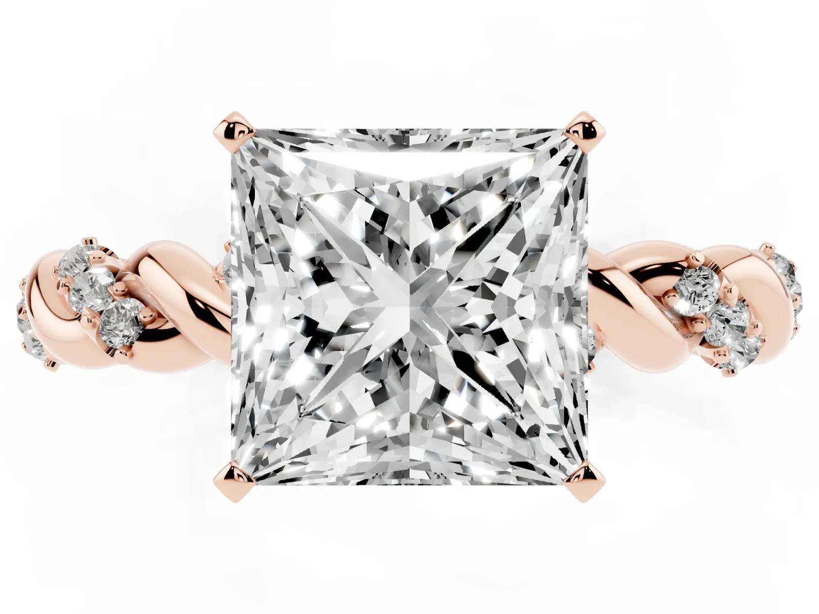Princess Cut Diamond Solitaire Ring with Twisted Band and Pavé Accents Rose gold