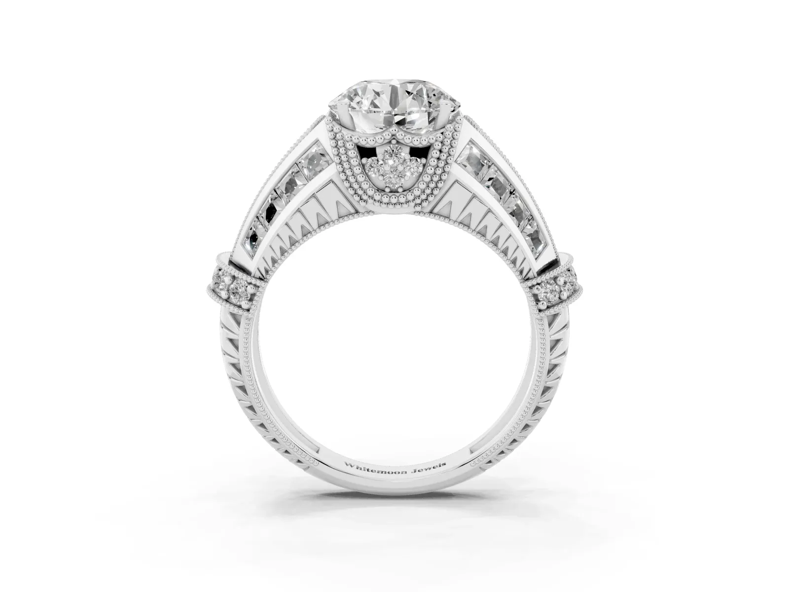 Vintage Milgrain Round Cut Diamond Split Shank Ring with Prong Setting Silver